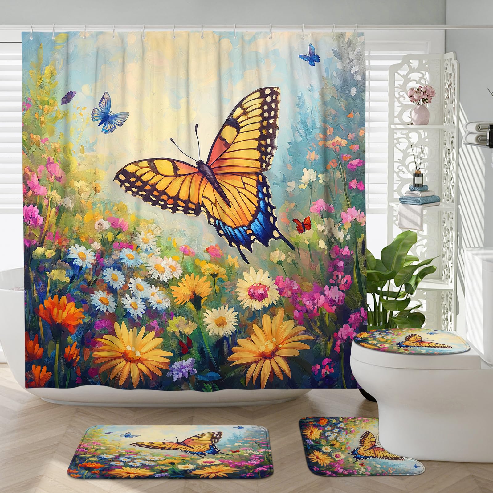 DESIHOM 4PCS Spring Anime Butterflies Shower Curtain Sets with Non-Slip Rug, U Shape and Toilet Lid Cover Mat, Fun Cartoon Kids Home Decor, Bathroom Accessory with 12 Hooks