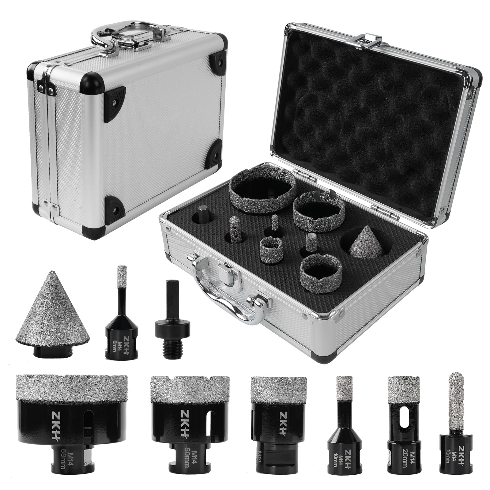 ZKH Diamant Fliesenbohrer Set 9 Stücke, 6/10/20/35/50/68mm Diamantbohrer &10mm Diamant Fingerfräser & 50mm Fasenbohrer, HEX-Adapter, für Keramik Porzellan Fliesen Marmor Granit Trockenbohren