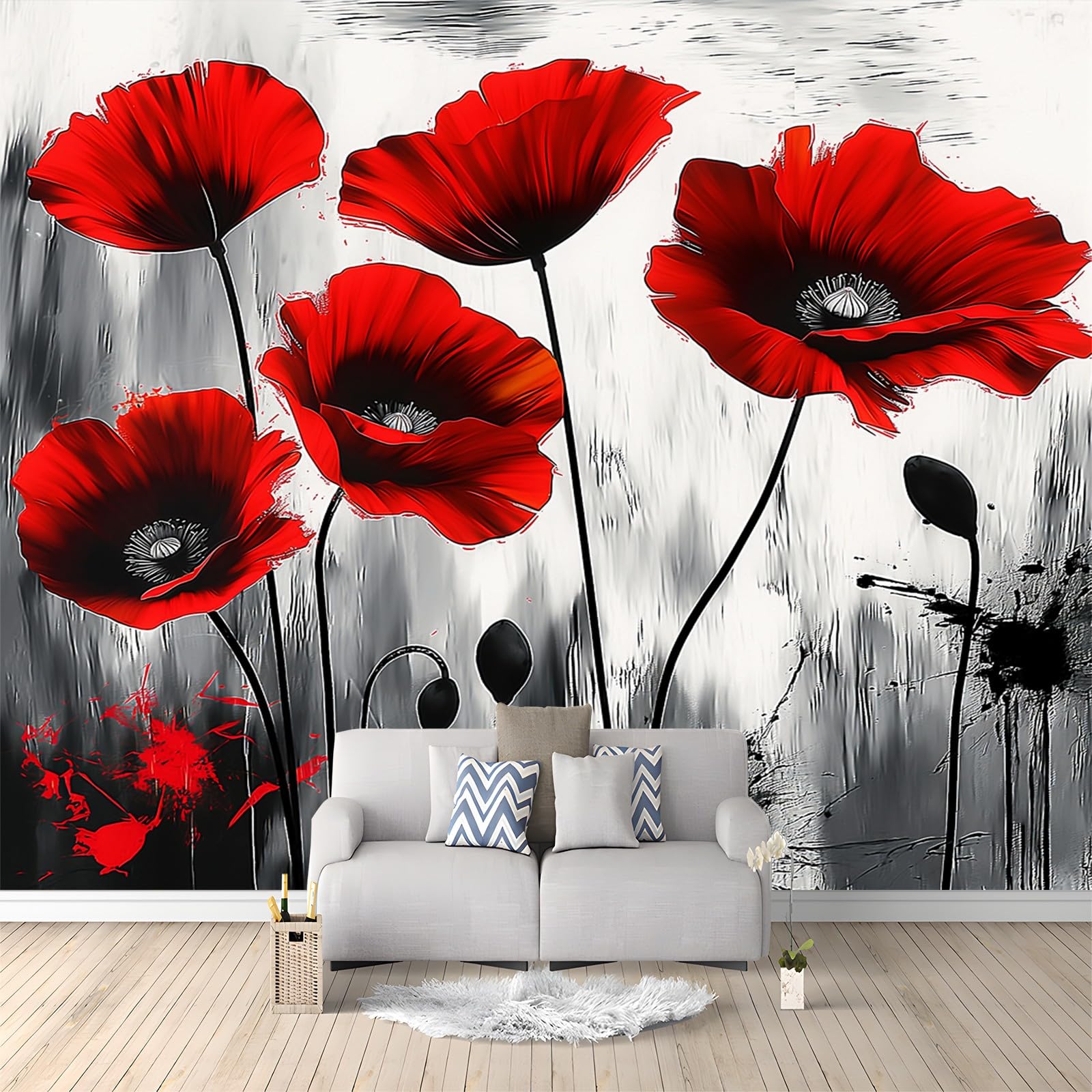 Tapeta 3D w stylu panoramicznym 400 x 280 cm eleganckie abstrakcyjne mak dekoracja ścienna, z czarno-czerwoną tapetą z włókniny do sypialni salonu spersonalizowana dekoracja ścienna