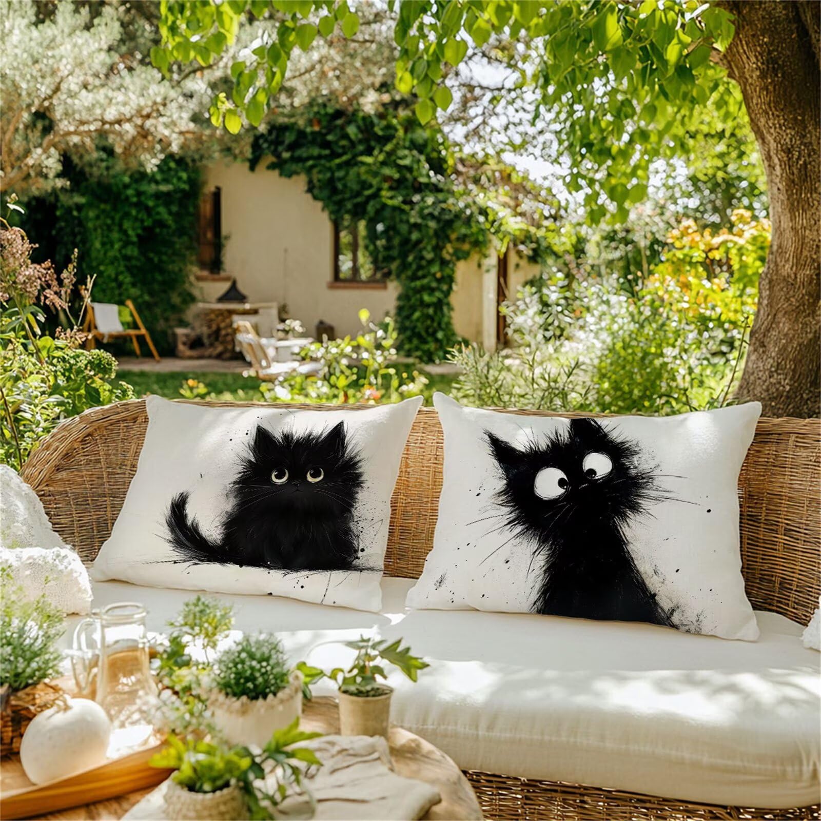 2er Set Katze Outdoor Kissen Schwarz Kissenbezug 80x100 cm Groß wasserdichte Leinen Dekokissen mit Unsichtbarer Reißverschluss, Wohndeko für Garten, Balkon, Outdoor/Indoor Sofa, Bank, Bett 1B-620