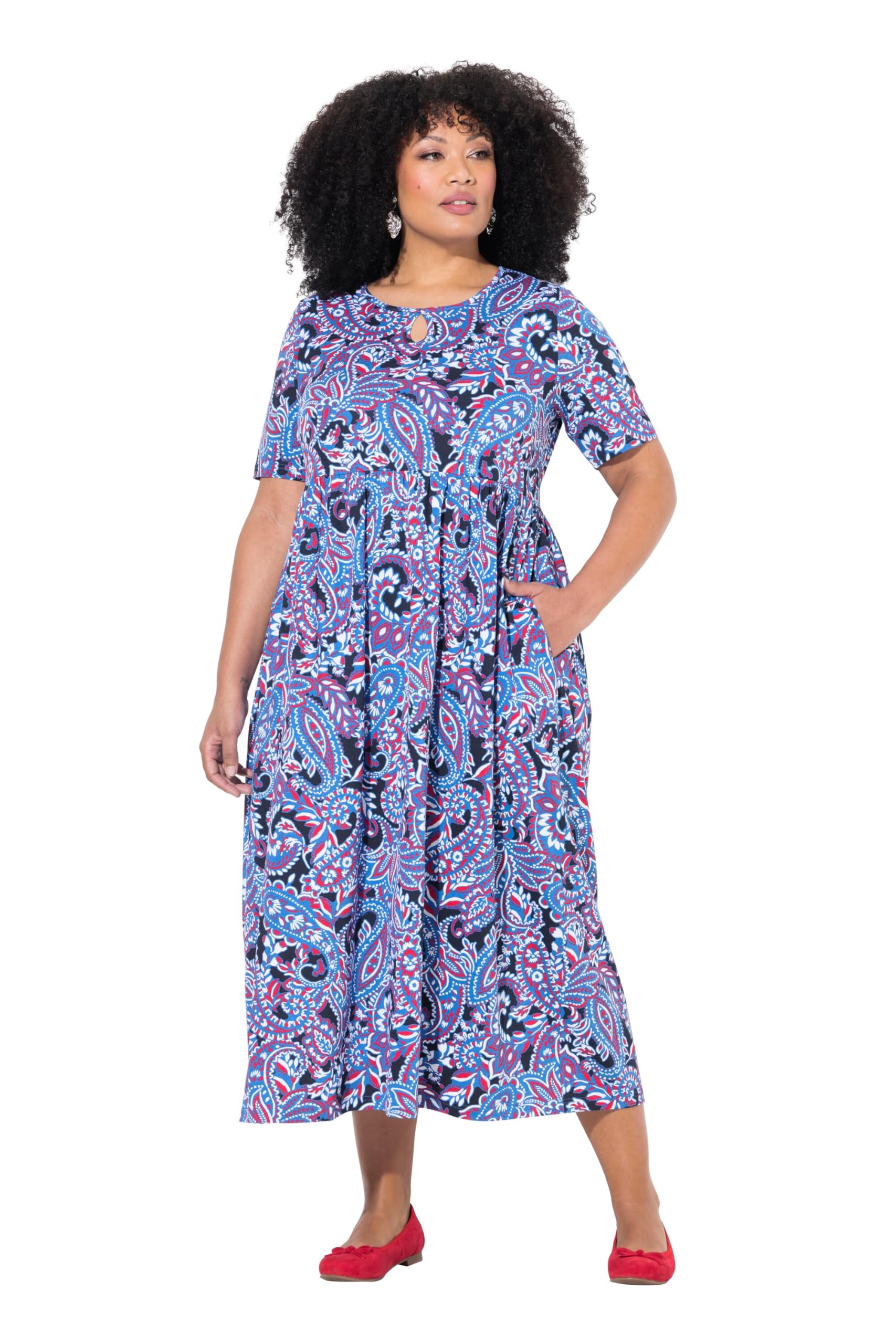 Ulla Popken Damen große Größen Übergrößen Plus Size Maxikleid, A-Linie, Rundhals, Halbarm, Taschen 839695