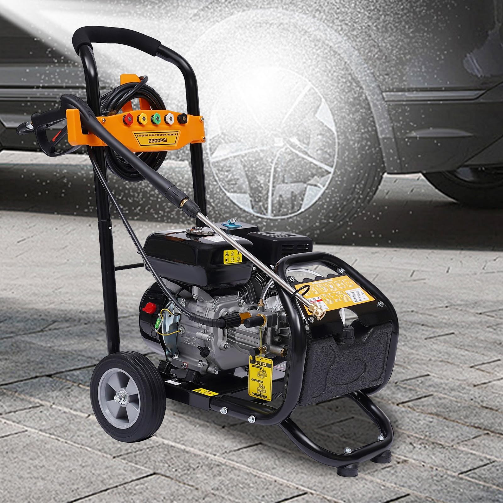 Limpiador de alta presión de gasolina, 2200 psi, 7,5 HP, limpiador de alta presión, inalámbrico, limpiador de terraza, juego de accesorios, motor de gasolina con ruedas y 5 boquillas para suelos y