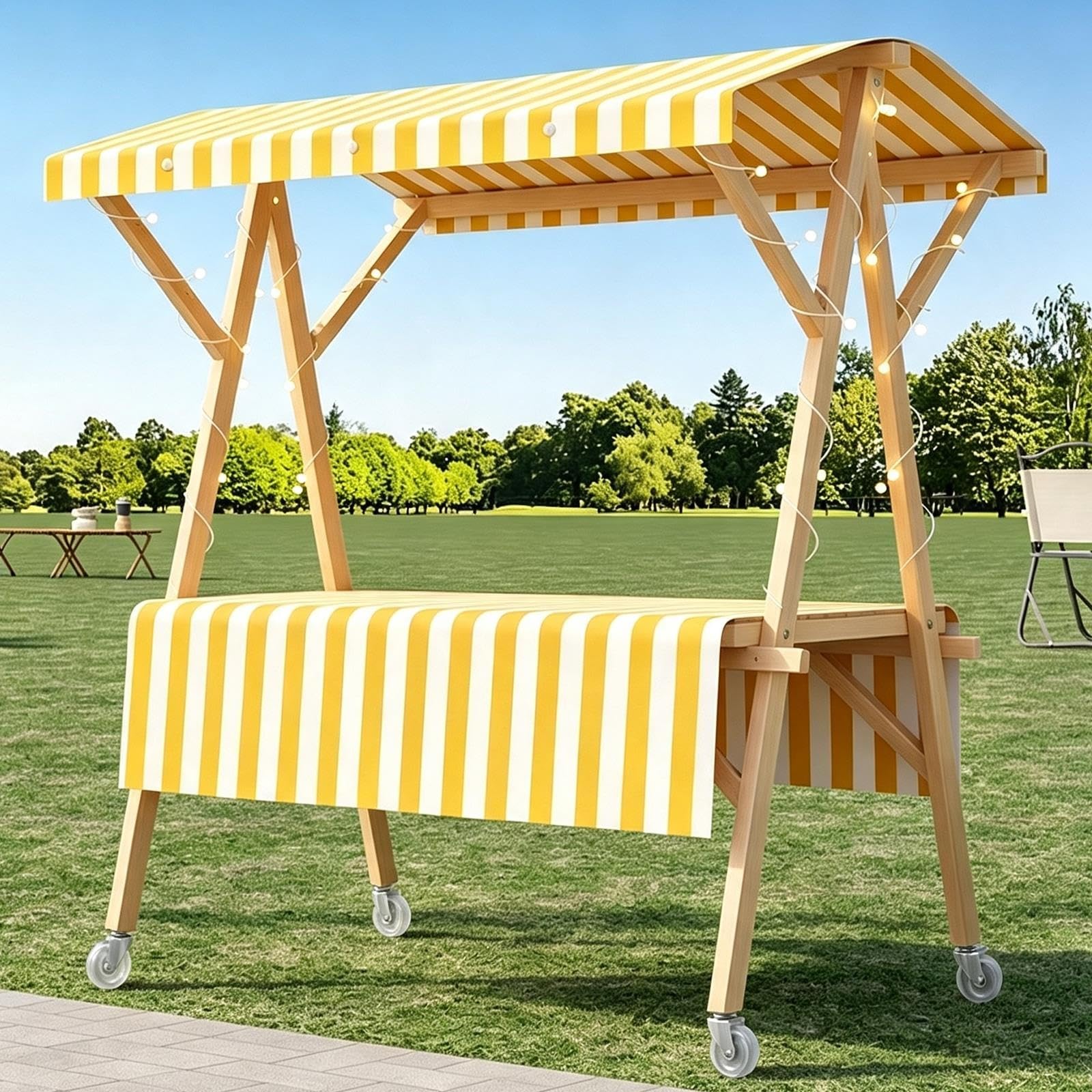 Carrello Mercato Pieghevole in Legno con Ruote | Tavolo Espositore Pieghevole per Mercatino con Tettuccio, Stand Portatile per Fiere ed Eventi Esterni(Yellow,120cm/47in)