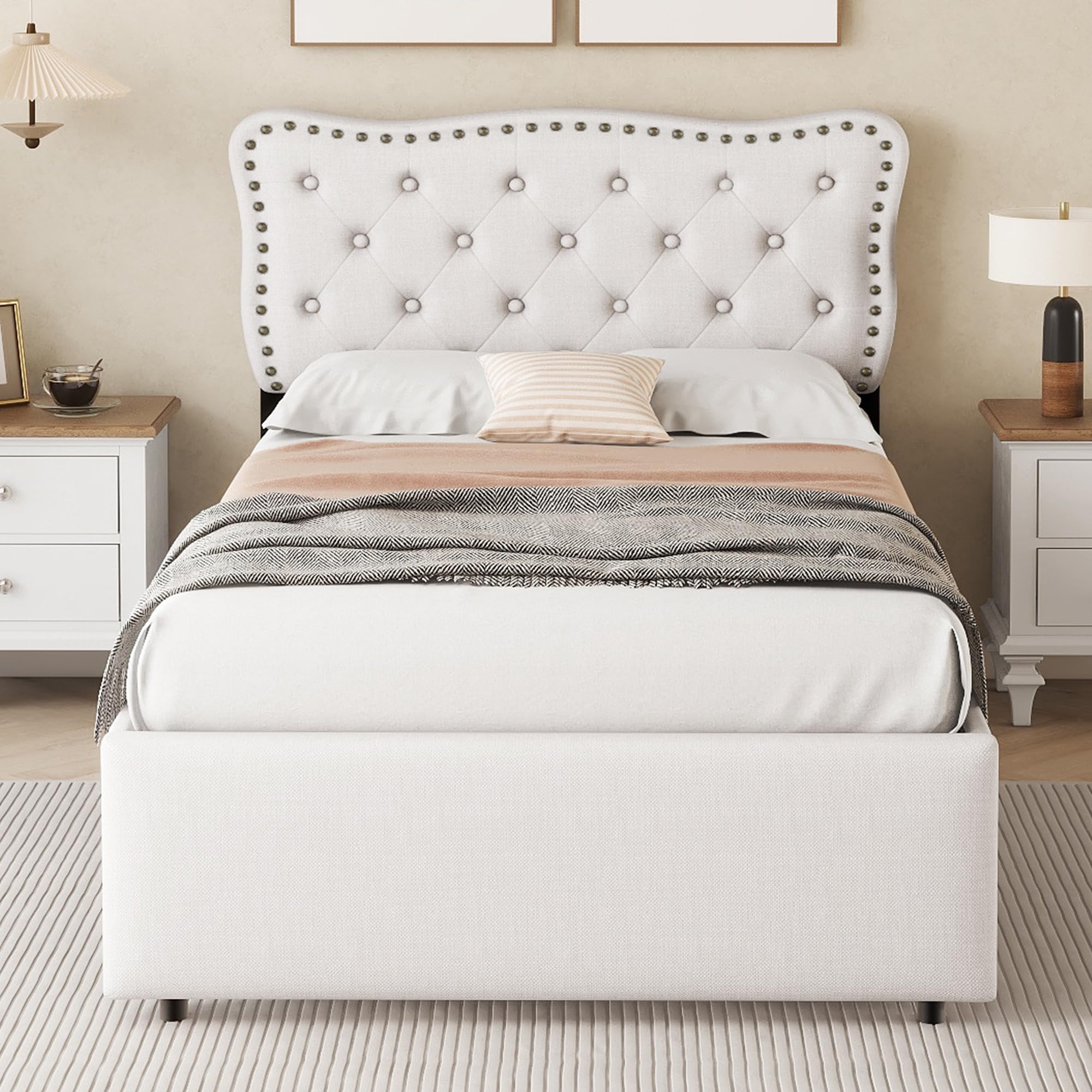 Moimhear Letto piatto 90 x 200 cm, letto imbottito, cuscino comodino con borchie decorative, cassetti doppi (beige chiaro)