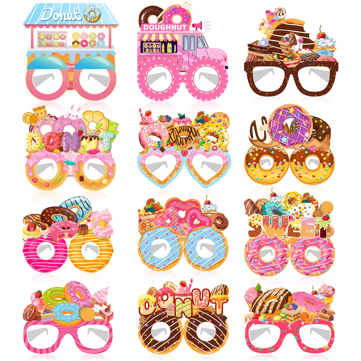 24 PCS Donut Party Paper Eyeglasses, Donut Party Favors Decorations Supplies, Donut Birthday Party Decorations Gifts Photo Booth Props