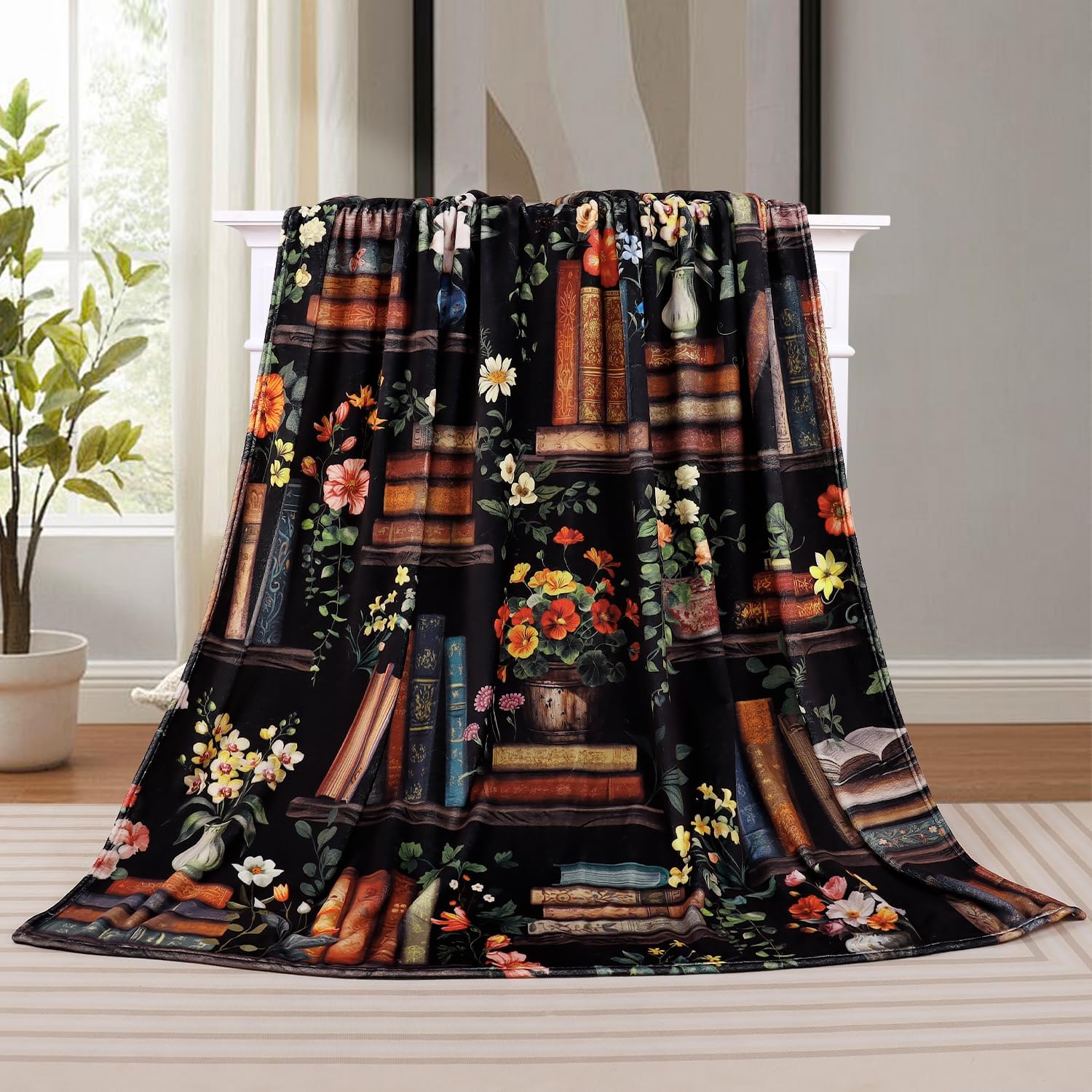 Book Lovers Gifts Blanket Vintage Bookshelf Floral Printed Throw Blanket Ultra Soft Flannel Fleece Throw Blankets Lightweight Cozy Fluffy Plush Blankets for Bed Couch 50"X60"