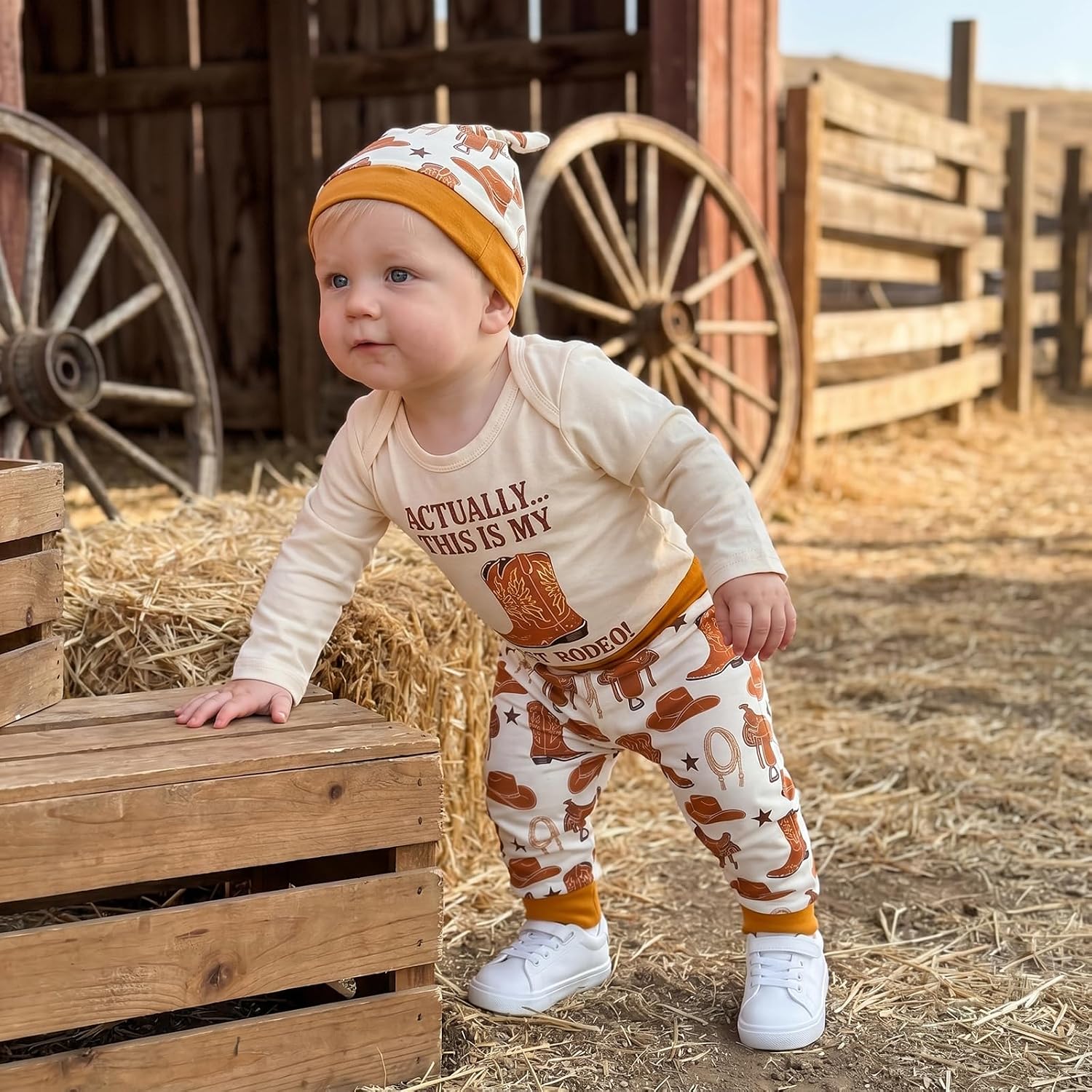 KMBANGI My First Rodeo Baby Boy Clothes Newborn Cowboy Boots Long Sleeve Romper Pants Hat Set Infant Western Outfit Fall