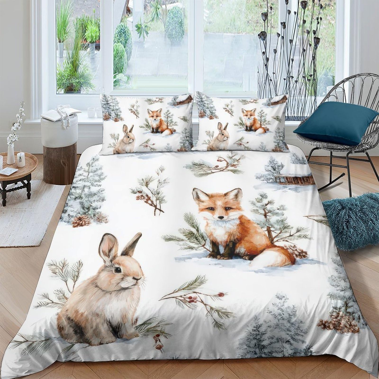 Ctjqhvkz Style-3 3D Printed Forest Fox Fitted Sheet Microfiber Soft Woodland Rabbit Bed Cover For Bedroom Dorm Easy Care Decor Single（135X200cm）