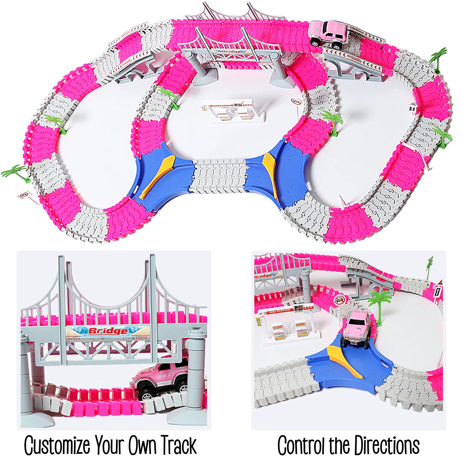 168 PCS Pink Magic Bendable Race Track Toy, Snap Together Create a Road Flexible Track Car Set for Toddlers, Kids, Boys, and Girls