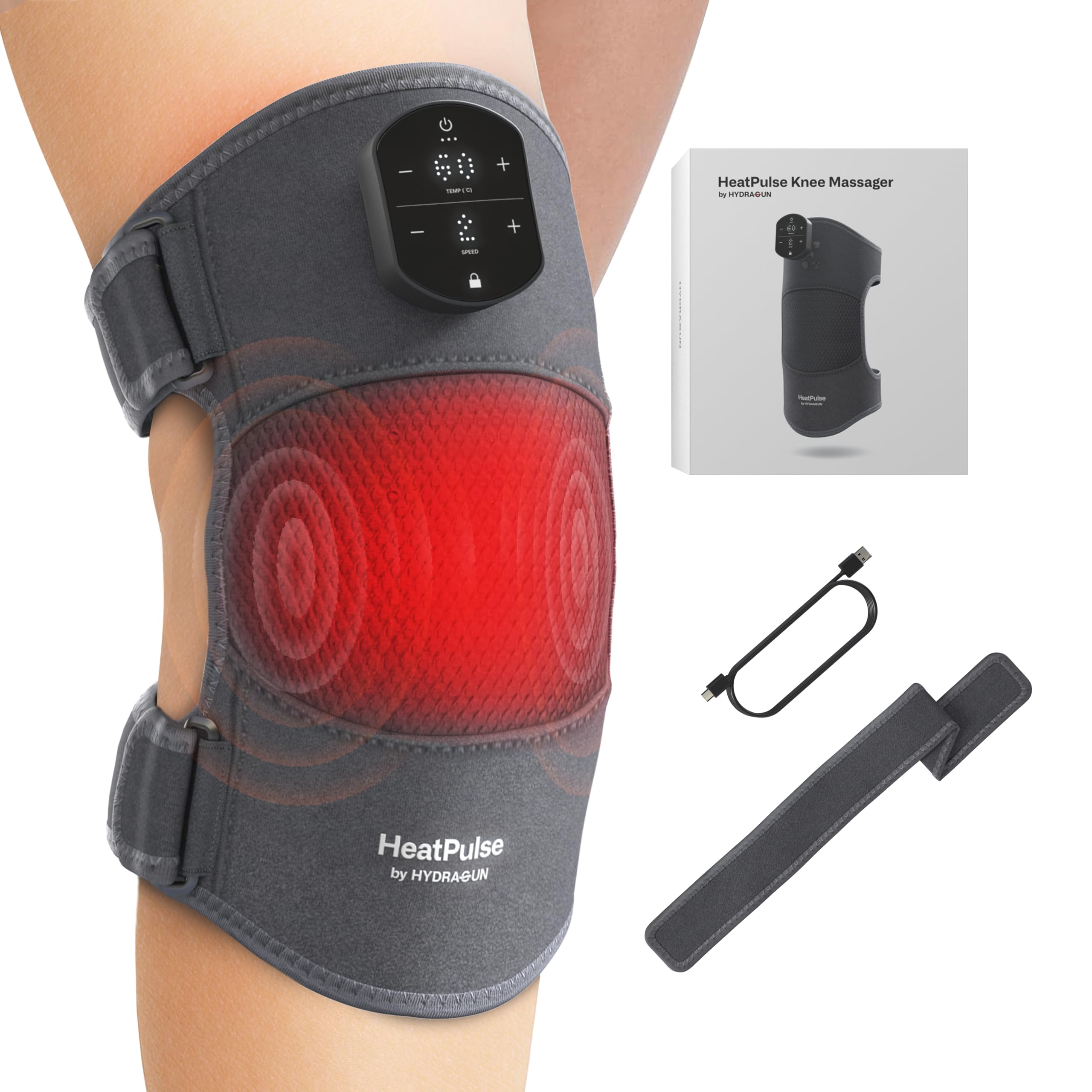HYDRAGUNHeatPulse Knee Massager with Heat and Compression - Knee Pain Relief Products for Arthritis - Heated Knee Massager for Pain Relief Deep Tissue - Versatile Leg, Calf, Shoulder, Elbow Massager
