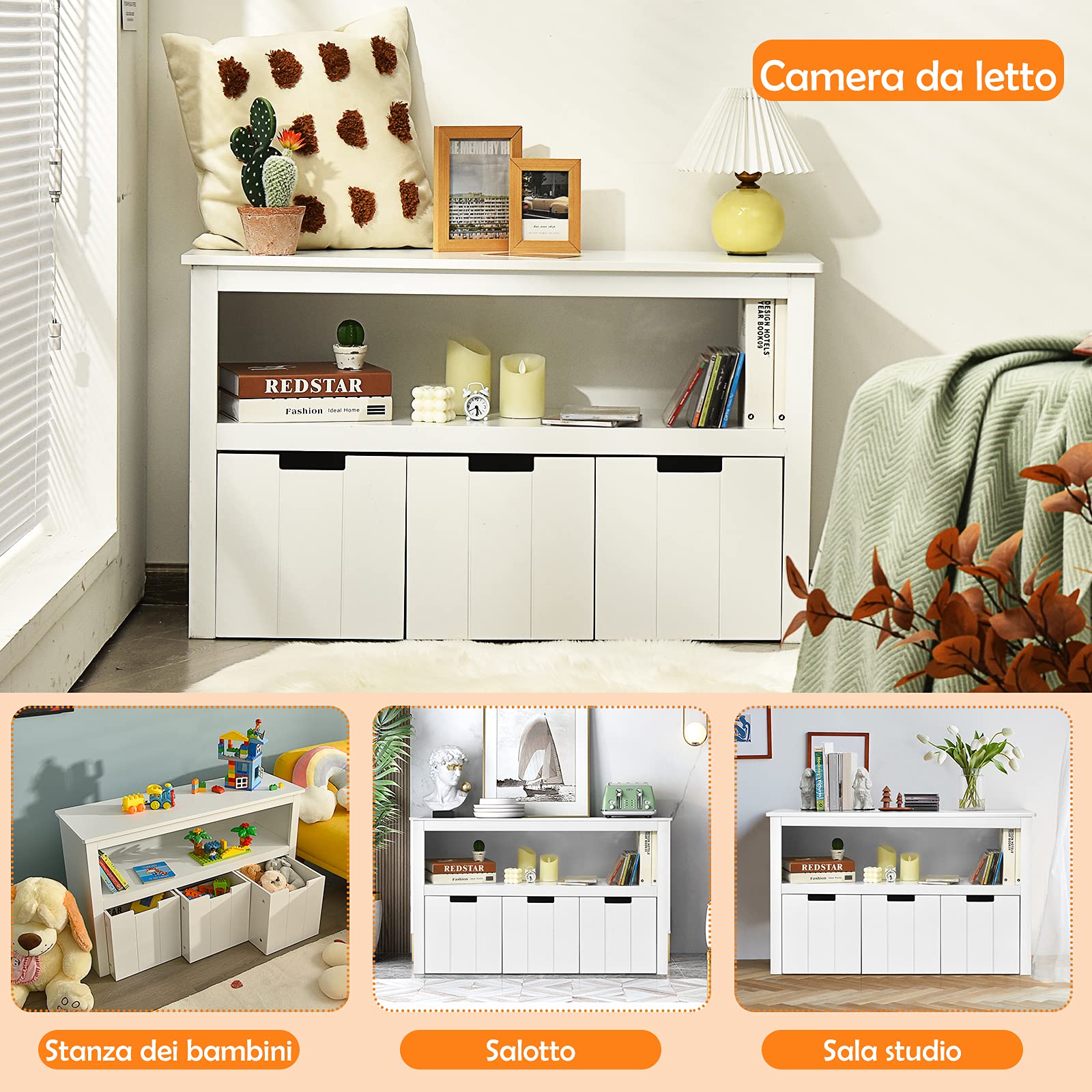 COSTWAY Armadio con 3 Cassetti, Scaffale di Legno con Ruote e Cubi per Giocattoli dei Bambini, Ampio Spazio, Organizer Durevole per Salone Camera da letto Camera dei bambini (Bianco)