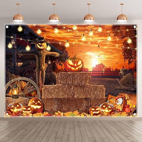 Miniatura 2 de ZTHMOE Telón de fondo de fotografía de Halloween de poliéster de 7 x 5 pies, diseño de calabaza de diablo sombrío, horrible espantapájaros, cartel