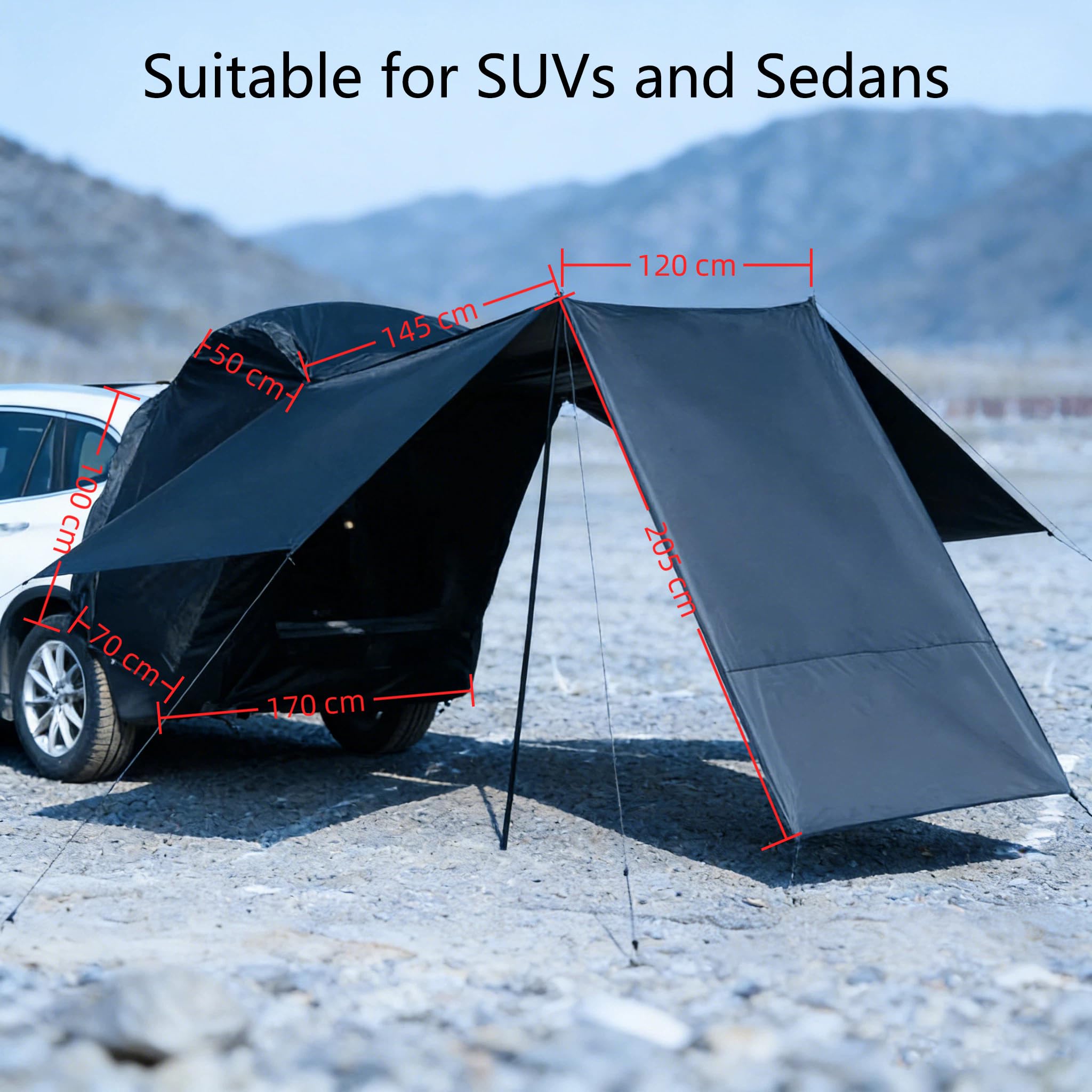 Tente de Hayon Universelle pour Voiture 2-4 Personnes, Étanche au Vent et à la Pluie, Protection Solaire, Toile Oxford Occultante, Bâche de Camping Imperméable ≥2000mm pour SUV (Noir)