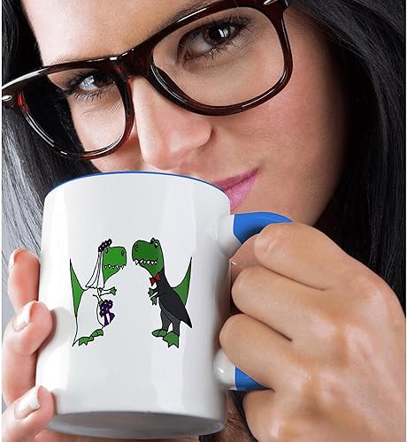 Miniatura 2 de 3dRose Funny Trex Dinosaurs Bride and Groom - Taza de arte de boda, 11 onzas, azulverde