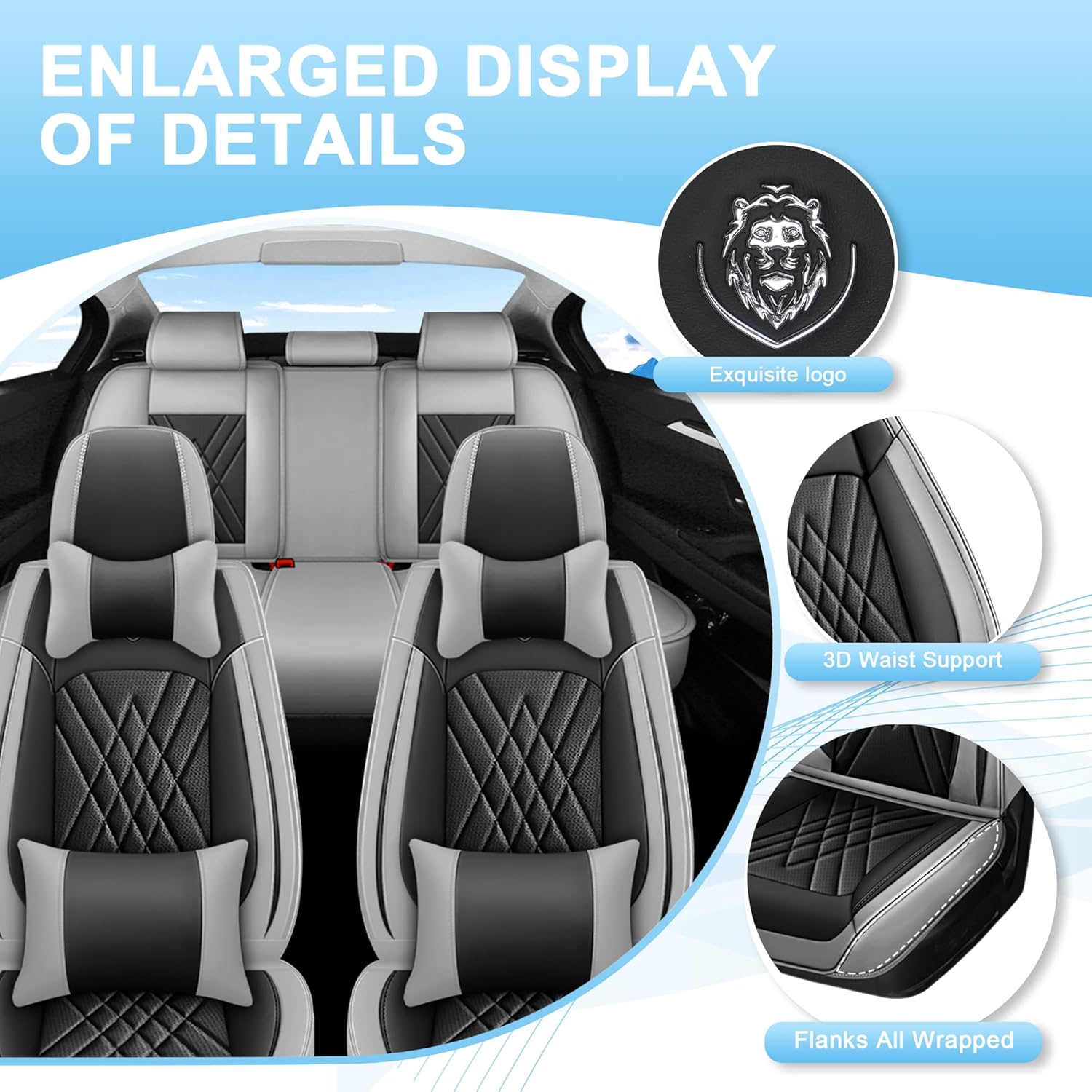 Seat Covers Full Set Custom Fit for Nissan Rogue 2007-2026,Luxury 5 Seats Full Coverage Waterproof Leather Seat Cover for Car, Non-Slip Car Seat Cushion(Black Gray)