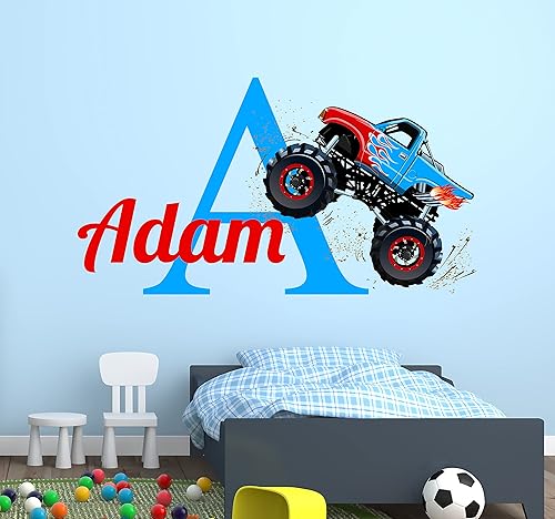 Miniatura 2 de Calcomanía de pared personalizada de camión monstruo, decoración de pared de camión monstruo, tema de camión con monograma de guardería, decoración