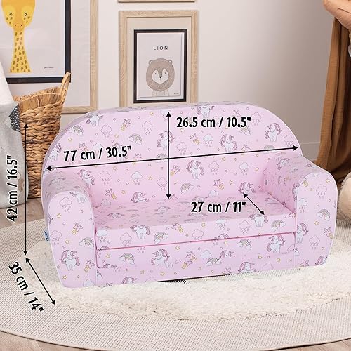 Miniatura 3 de DELSIT Sofá para bebé y para niños – Hecho en Europa para niños, 2 en 1 Flip Open Foam Sofá doble – Sofá plegable para niños Unicornios y Arcoiris
