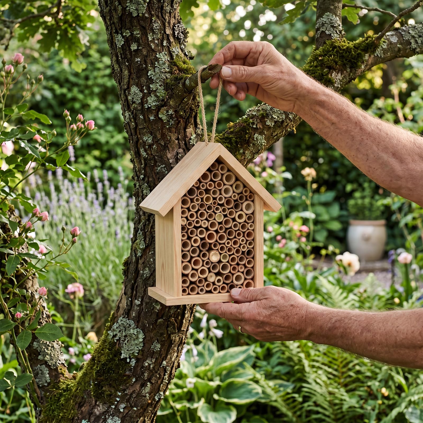 Marsui Mauerbienenhaus, Holz, handgefertigt, Bienenhotel, Outdoor, Bestäubung, Insektenbox, Lebensraum mit Röhren für Gartendekoration, 3 Stück