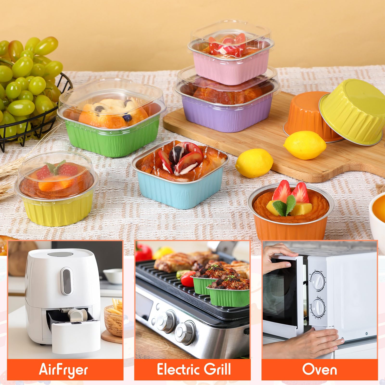 Blushtier Juego de 180 mini moldes para pan con tapas y cucharas de 5 onzas, moldes cuadrados y circulares de papel de aluminio para hornear, mini moldes para pasteles para pan, postres, color pastel