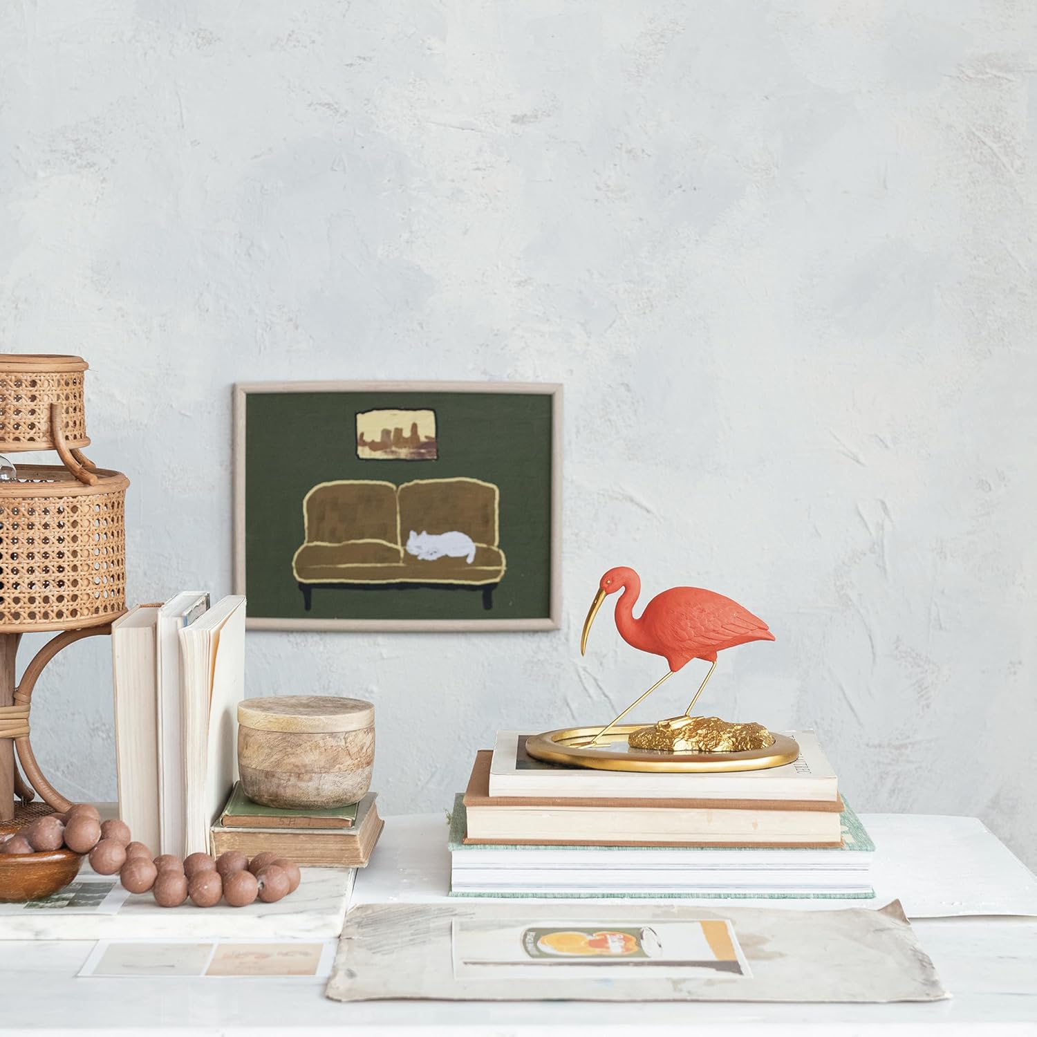 Scarlet Ibis Figurine on Gold Mirrored Tray