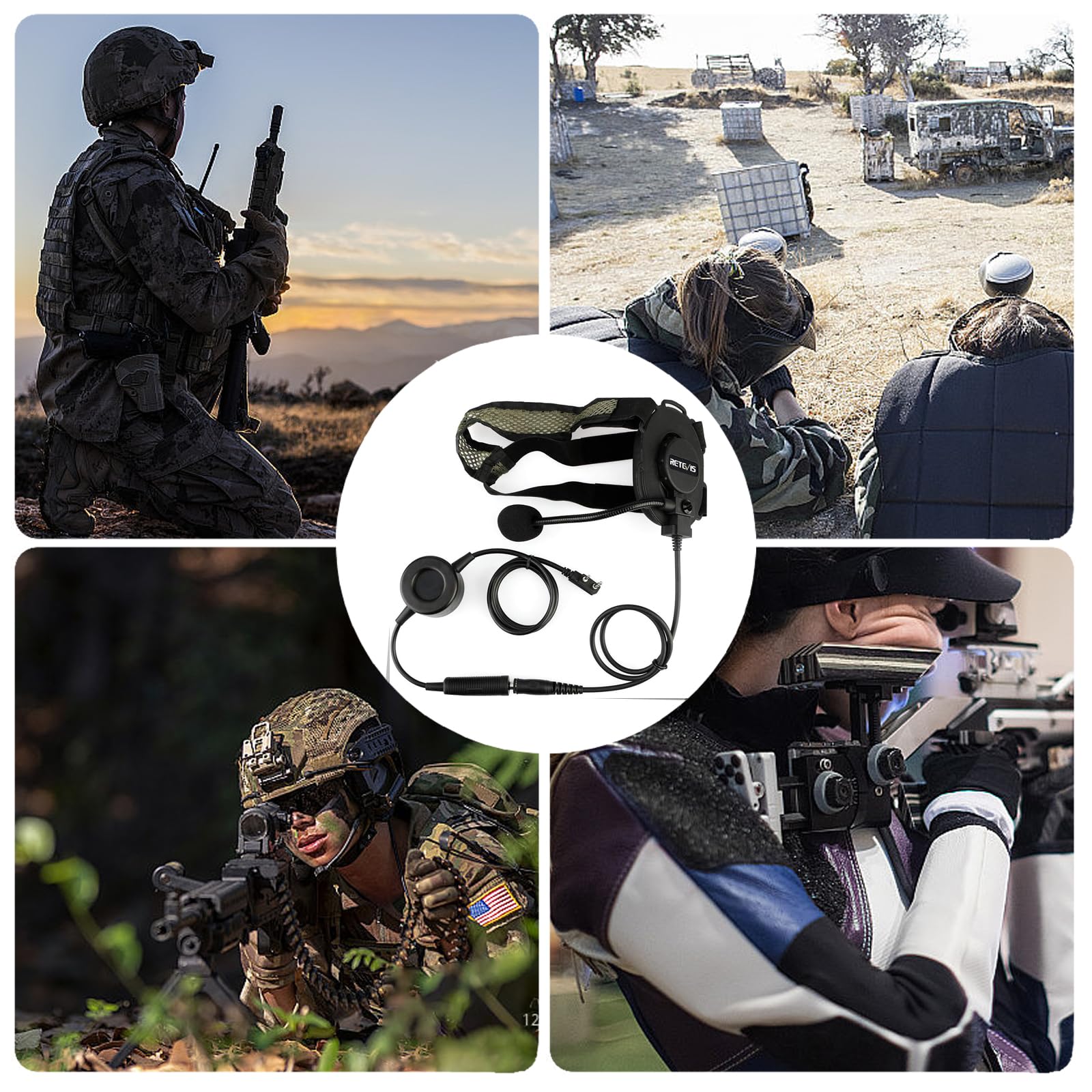 Retevis Cuffie tattiche militari, per walkie talkie con microfono, per RT21, RT22, RT68, A1, compatibili con Baofeng UV-5R F8HP Samcom FPCN30A, cuffie radio bidirezionali per Airsoft (confezione da 1)