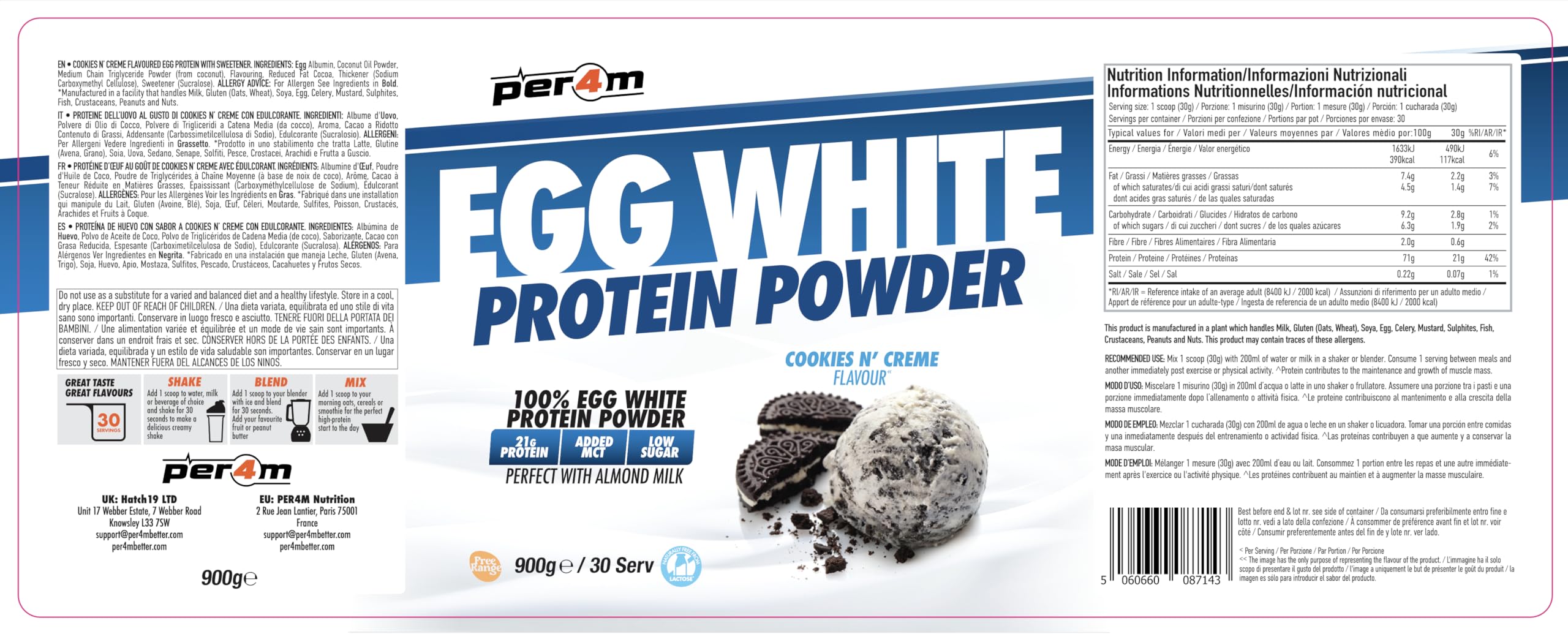 Per4m Egg White Protein Powder (900g) Cookies et crème