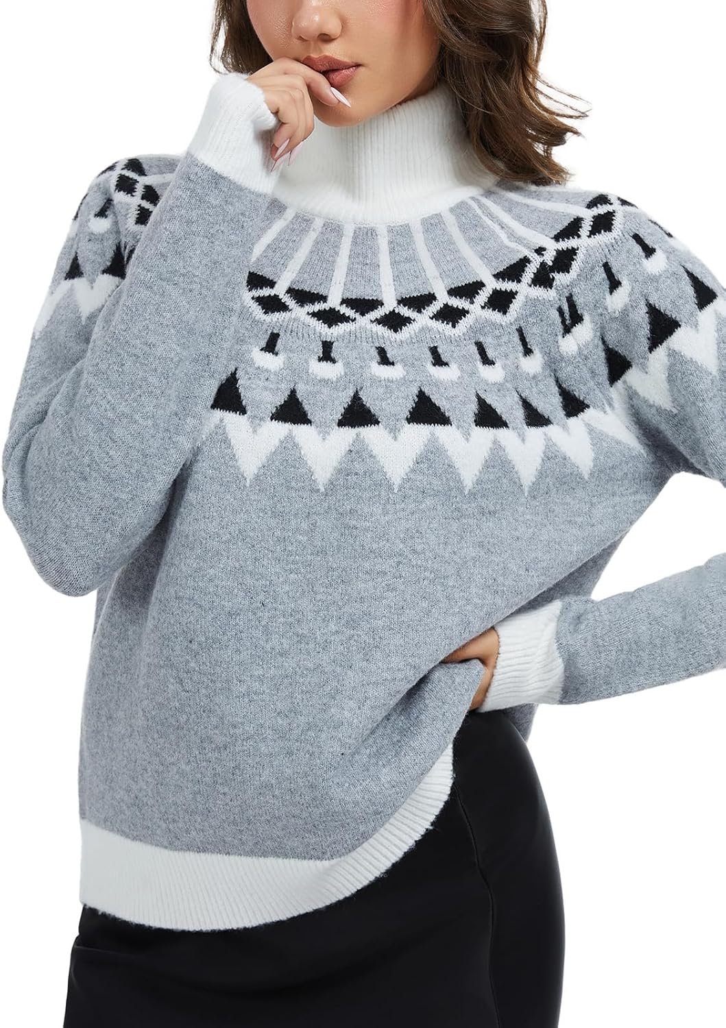 Womens Lightweight Vintage Fair Isle Sweater Long Sleeve Turtleneck Knitted Pullover Tops - Image 2