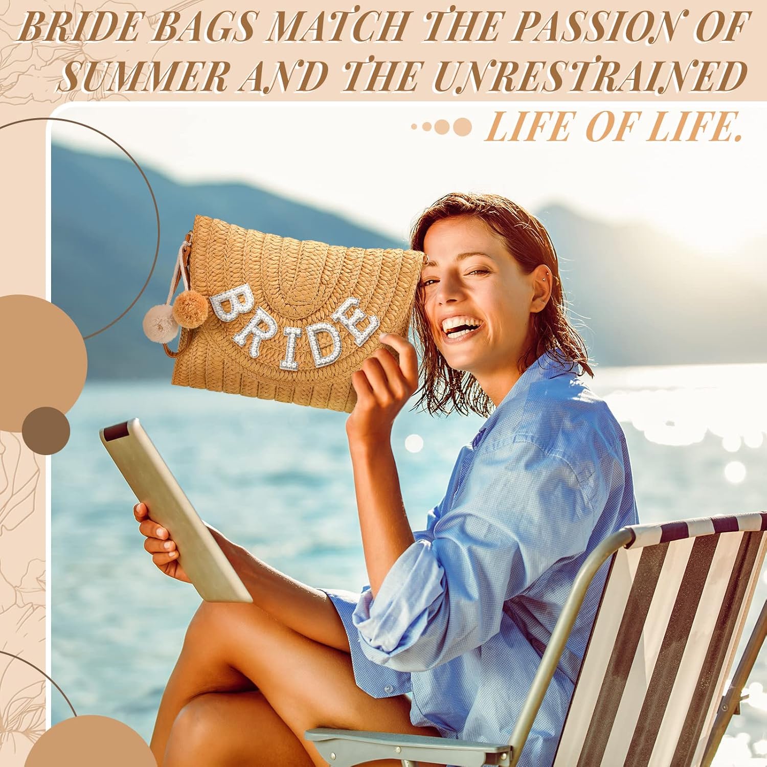 Pinkunn Bride Gift Straw Shoulder Bag Clutch Rhinestone Letter Purse Beach Bachelorette Honeymoon Wedding Bridal Shower | Bride Gift, Straw, Rhinestone, Letter, Beach, Bachelorette, Honeymoon, Wedding, Bridal Shower - Image 2