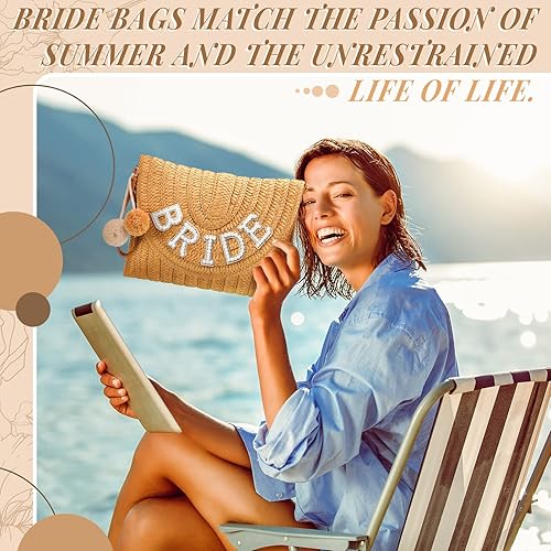 Miniatura 3 de Pinkunn Bride Gift Straw Shoulder Bag Clutch Rhinestone Letter Purse Beach Bachelorette Honeymoon Wedding Bridal Shower