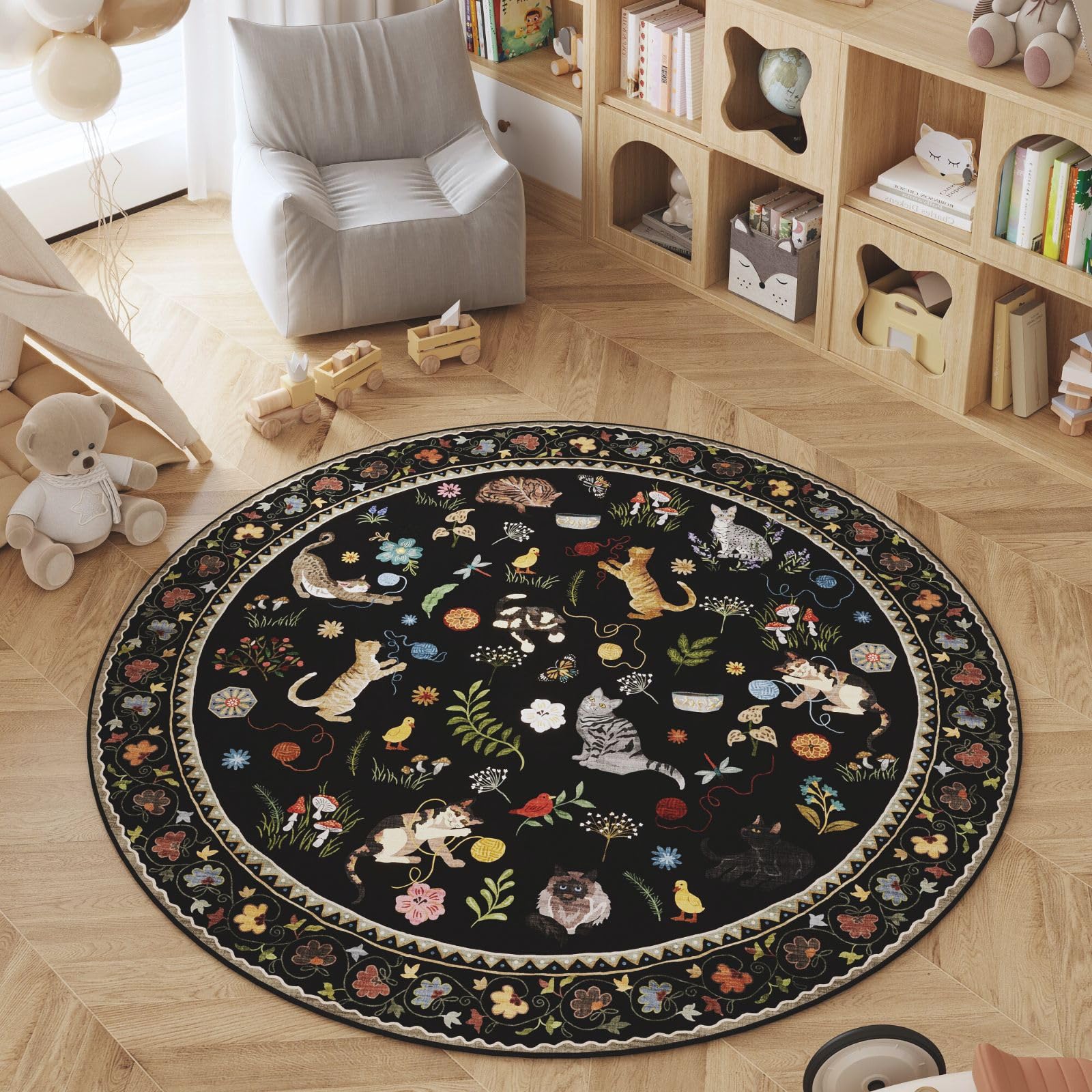 Rugcomf Round Rug 6ft Washable Circle Rug Non Slip Low Pile Boho Floral Animal Cat Small Circular Rug for Bedroom Bathroom Entryway Kids Room Office College Dorm, Black — image 1