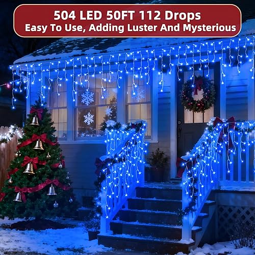 Miniatura 2 de 504 luces LED de carámbano de 112 caídas para exteriores, 49 pies, 12 modos de enchufe, luces de Navidad, impermeables, regulables, luces de árbol