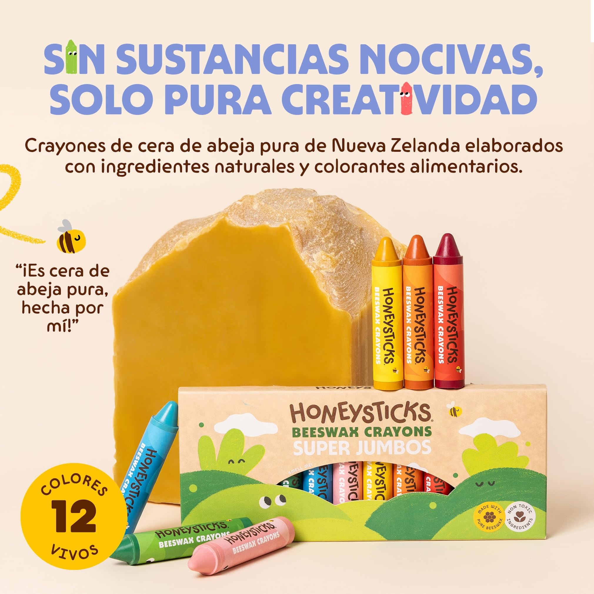 Honeysticks Lapices Super Jumbo Crayons (Paquete de 12) - Lapices cera abeja 100%, colores calidad alimentaria, 1-3 años, irrompibles, extra grandes, fáciles de sujetar y usar, ecológicos