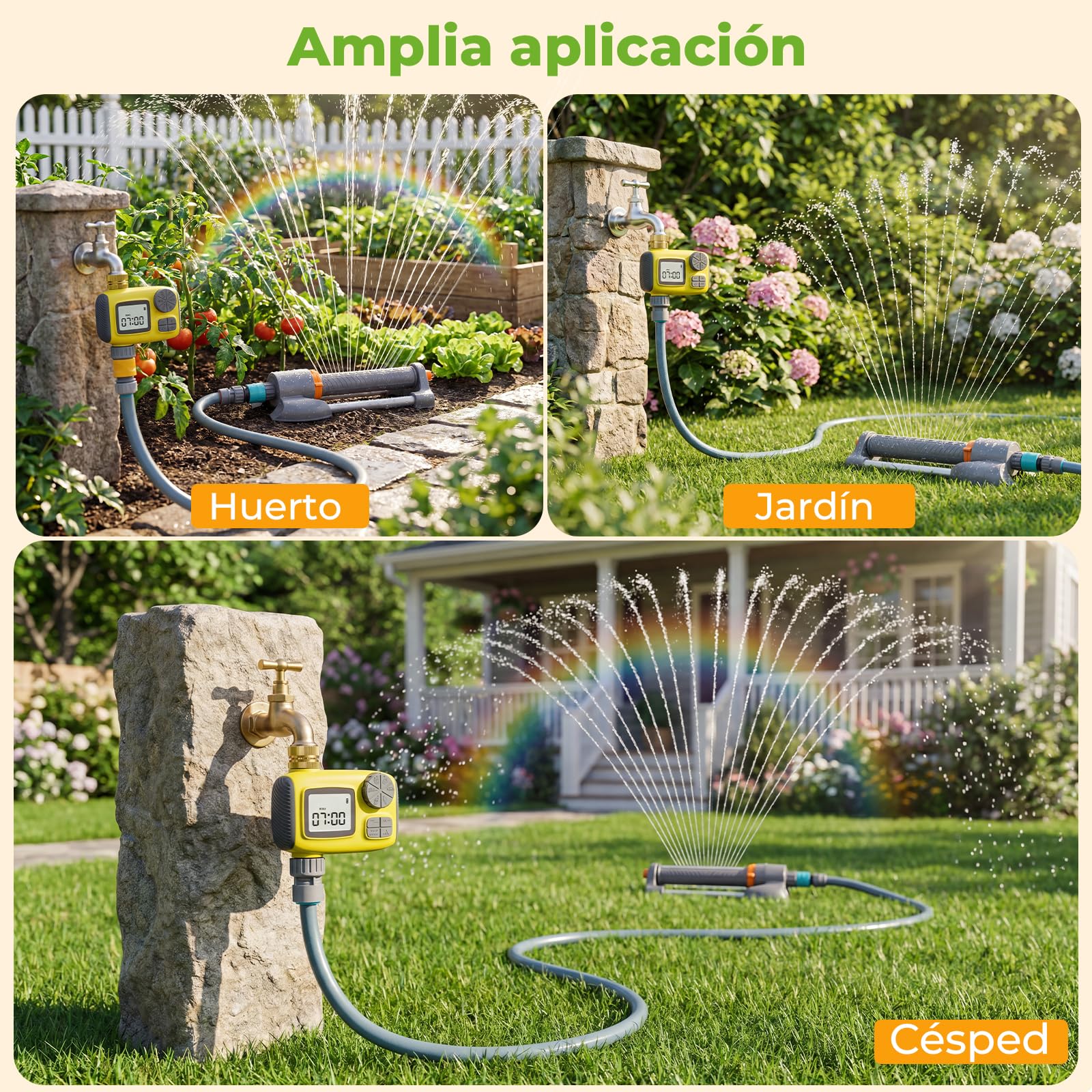 Deepoter 3 en 1 Aspersores de riego cesped con Programador, Temporizador Programable + Aspersor + Manguera Híbrida 10m & Conector de Latón, Riego Automático para Jardín
