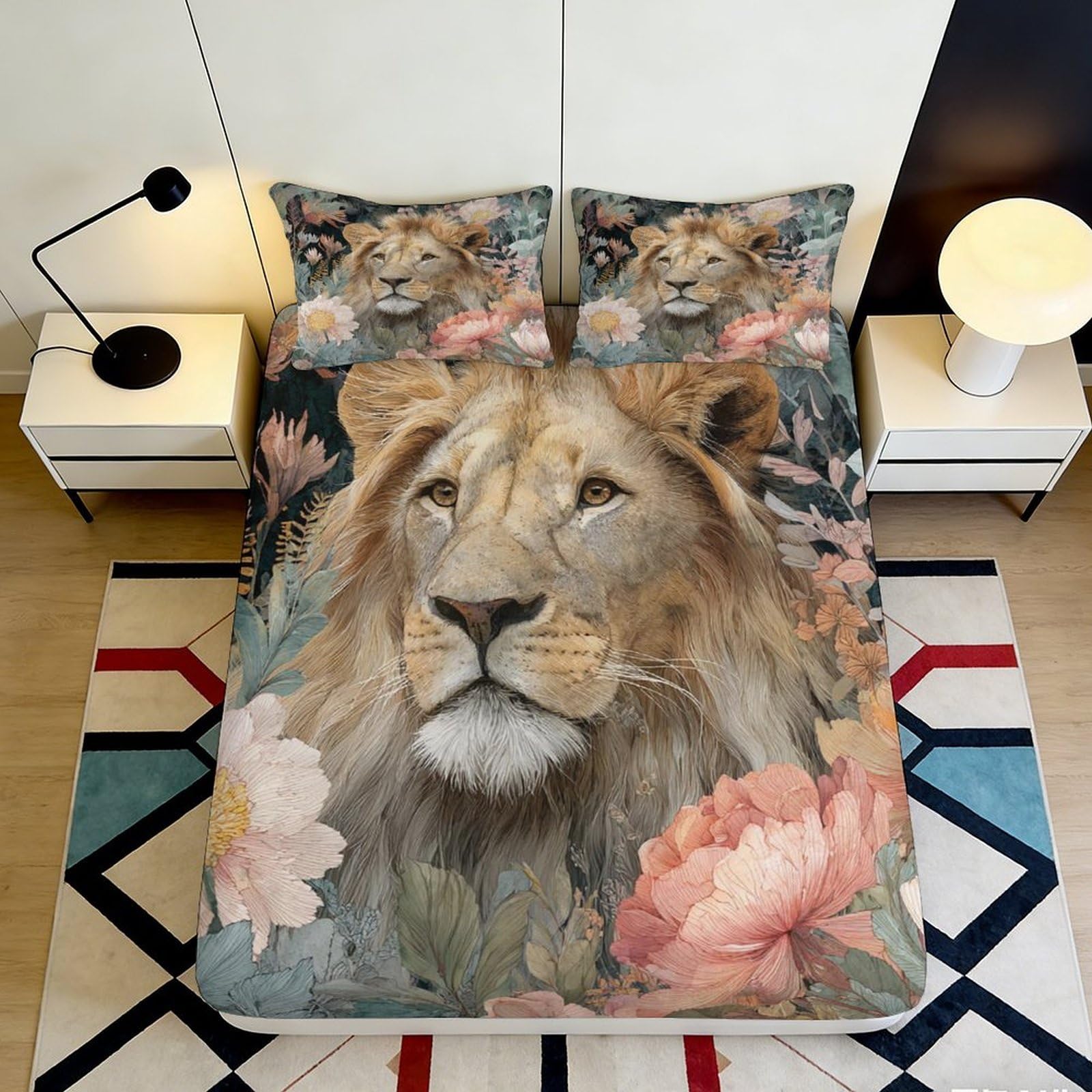3D Printed Lion Floral Fitted Sheet Microfiber Soft Breathable Lion Face Bed Cover for Bedroom Dormitory Guest Room Mattress Protection Decor 120x200x25cm