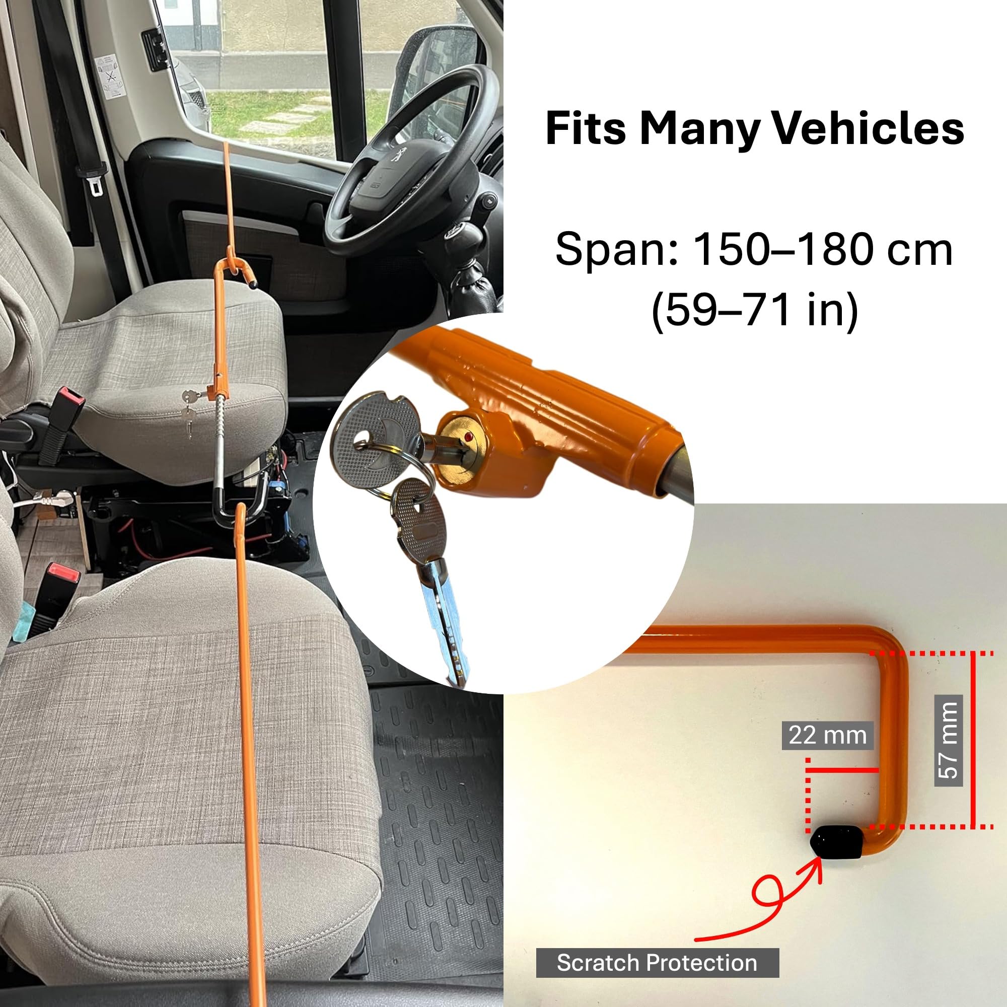Seguridad de puerta para autocaravana cabina – Barra de acero para puerta del conductor y del pasajero, con cerradura, sin herramientas, 150–180 cm – compatible con Ducato/Boxer/Jumper hasta