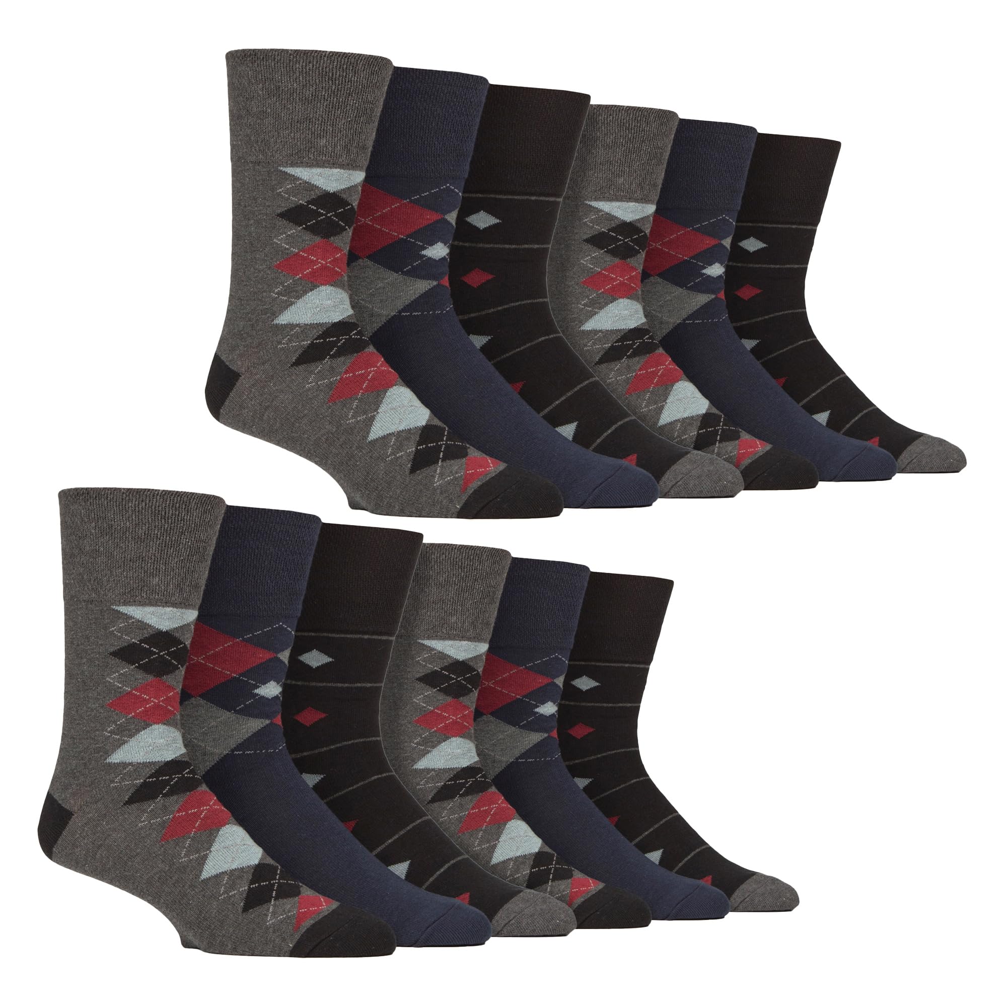Sock Shop Gentle Grip Men's Argyles - 12 Pairs Non-Elastic Cotton Socks | Patterned Soft Non-Binding Stripe Socks (6-11, )