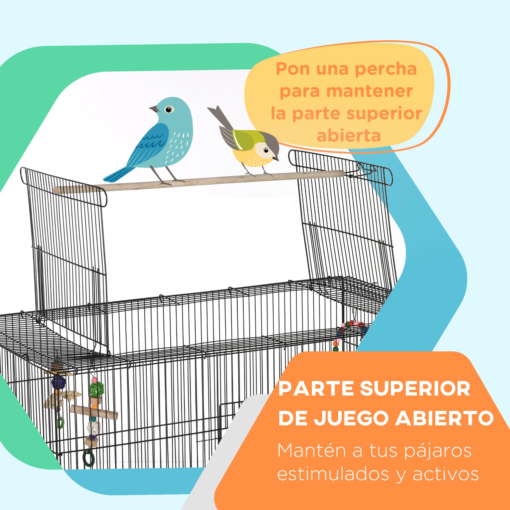Pawhut Jaula para Pájaros Grande con Ruedas para Loros 97x58x160 cm Negro | Comederos, Perchas, Estante Inferior, Bandeja Extraíble, Pajarera, Columpio y Escalera, Canarios