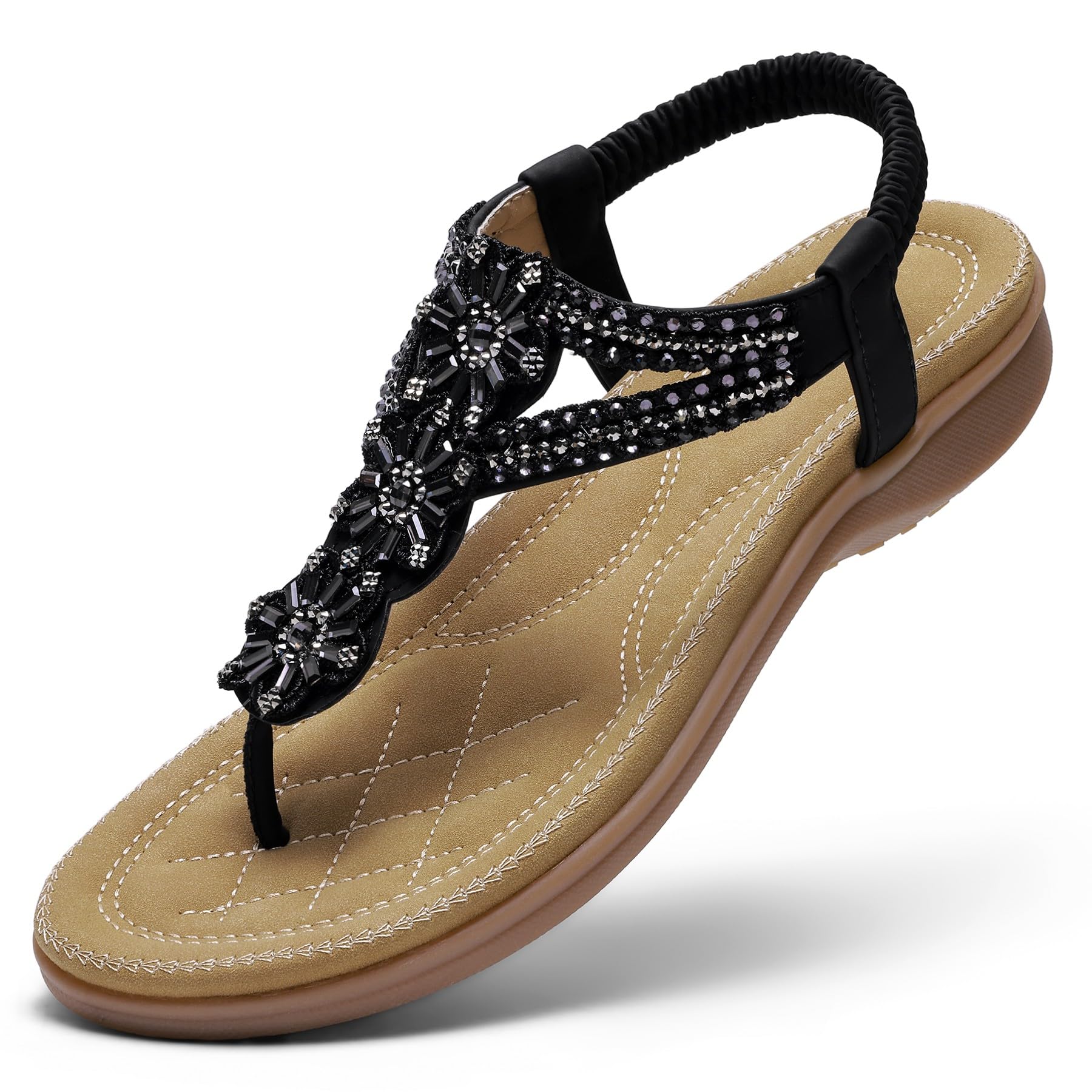 Littleplum Sandalen Damen Flache Strass Bohemia Zehentrenner Elegant Sandaletten mit Weiche Fußbett