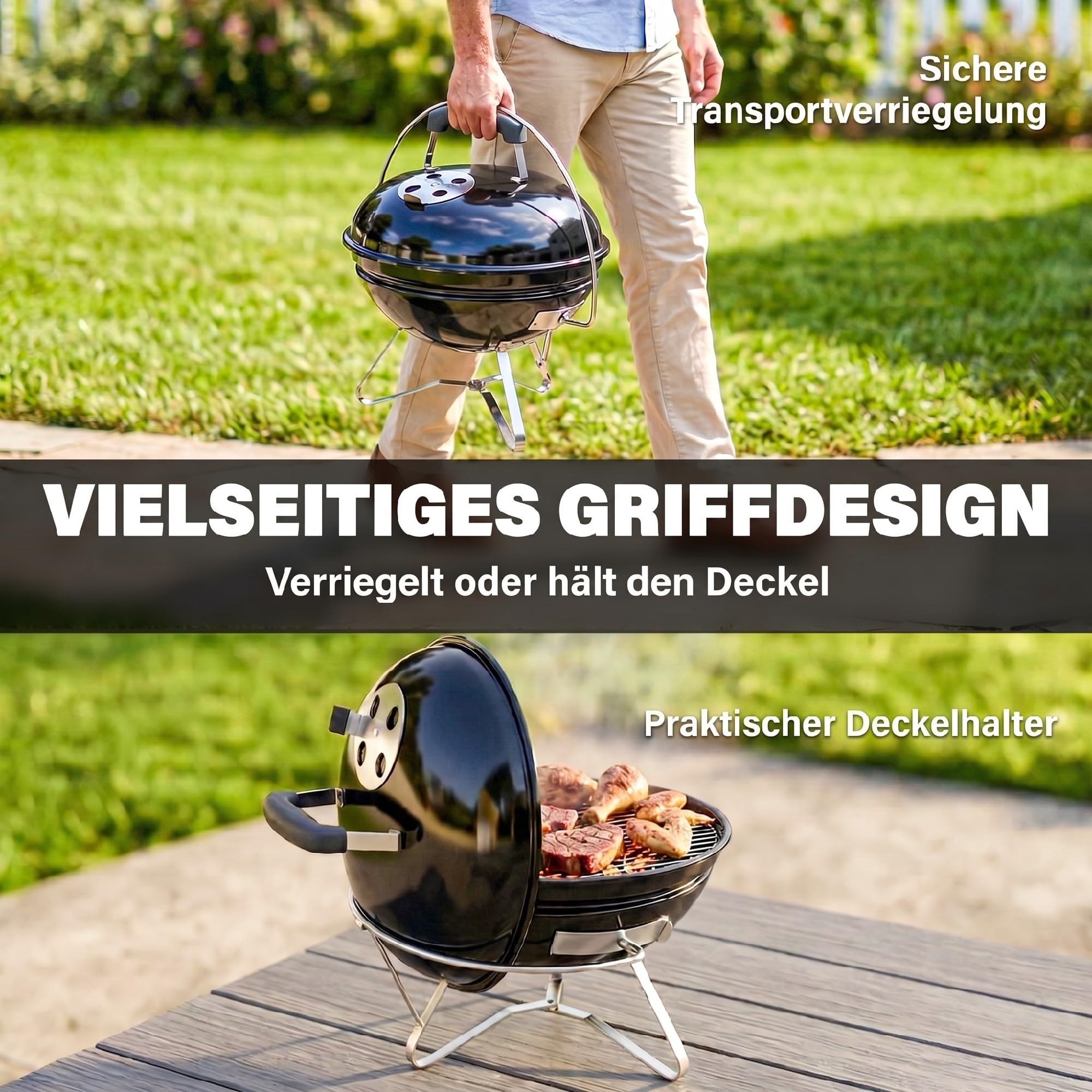 Outsunny Holzkohlegrill Smoker Kugelgrill mit Deckel 41 x 41 x 44cm Schwarz