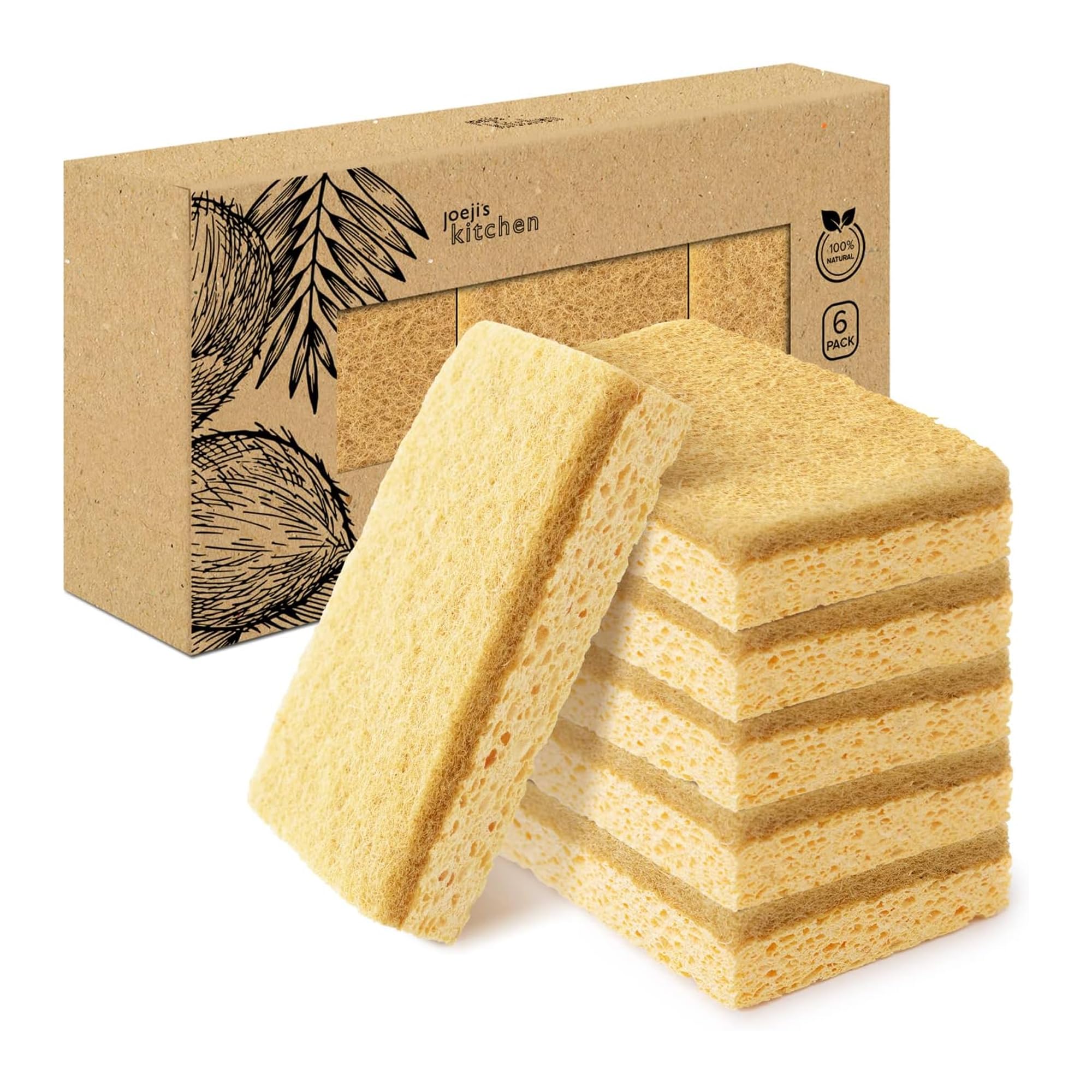 Joeji’s Eco Washing Up Sponges – 6 Pack Reusable Natural Cellulose Kitchen Sponges with Sisal Scourer – Biodegradable, Plastic-Free Dish Sponges for Washing Up, Eco Friendly Cleaning Products
