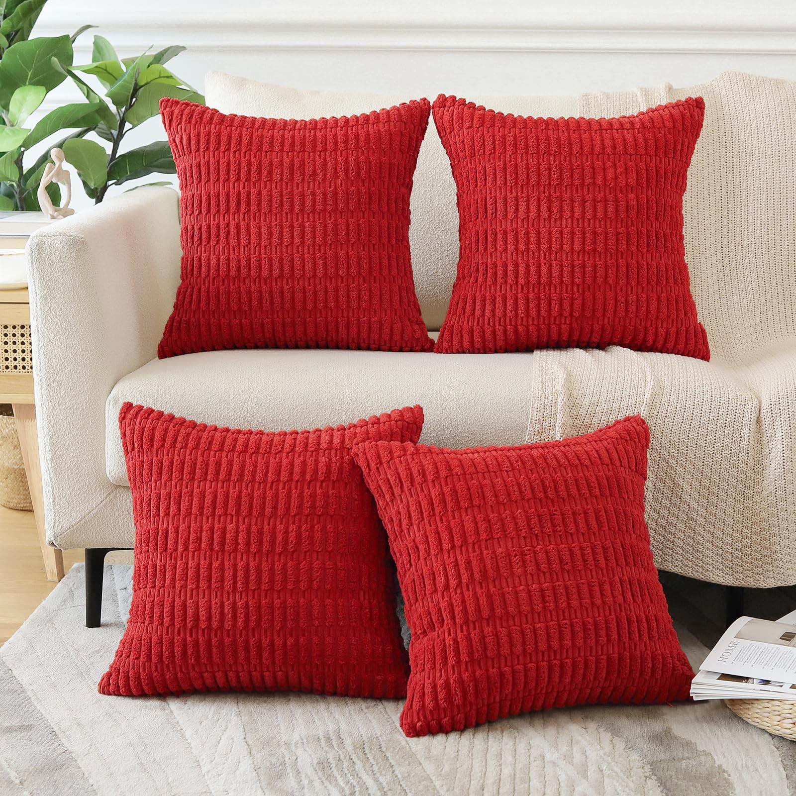 Sungeek Set of 4 Soft Corduroy Decorative Cushion Covers 55x55cm Square Striped Throw Pillow Covers 22x22 Inch for Sofa Couch Living Room Patio Farmhouse Boho Home Decor Pillowcases (Red) - Image 2
