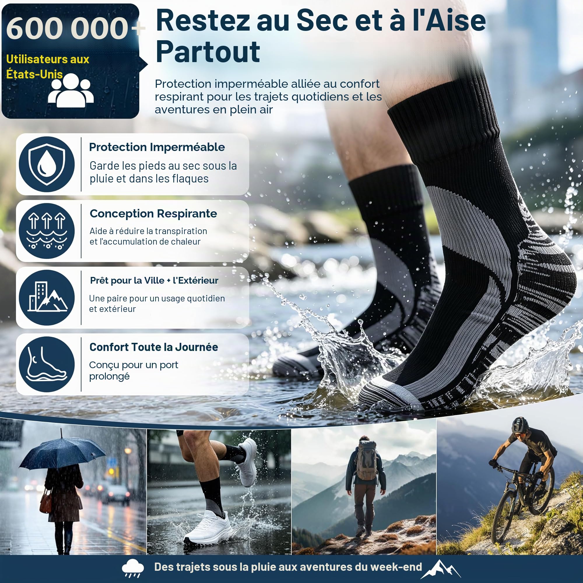 RANDY SUN Chaussettes Imperméables Respirantes, Modèle Original Unisexe pour Ski/Randonnée/Trekking/Pataugeoire/Sentier 1 Paire