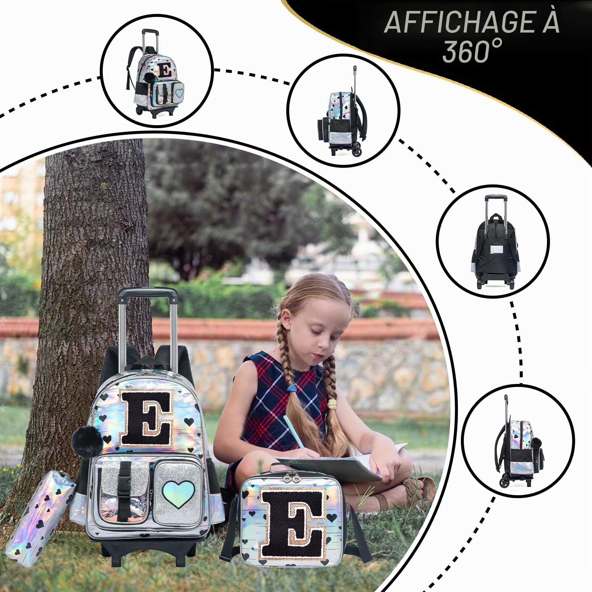 HTgroce Cartable a Roulette Fille Primaire Sac Trolley avec Sac Repas Trousse à Crayons