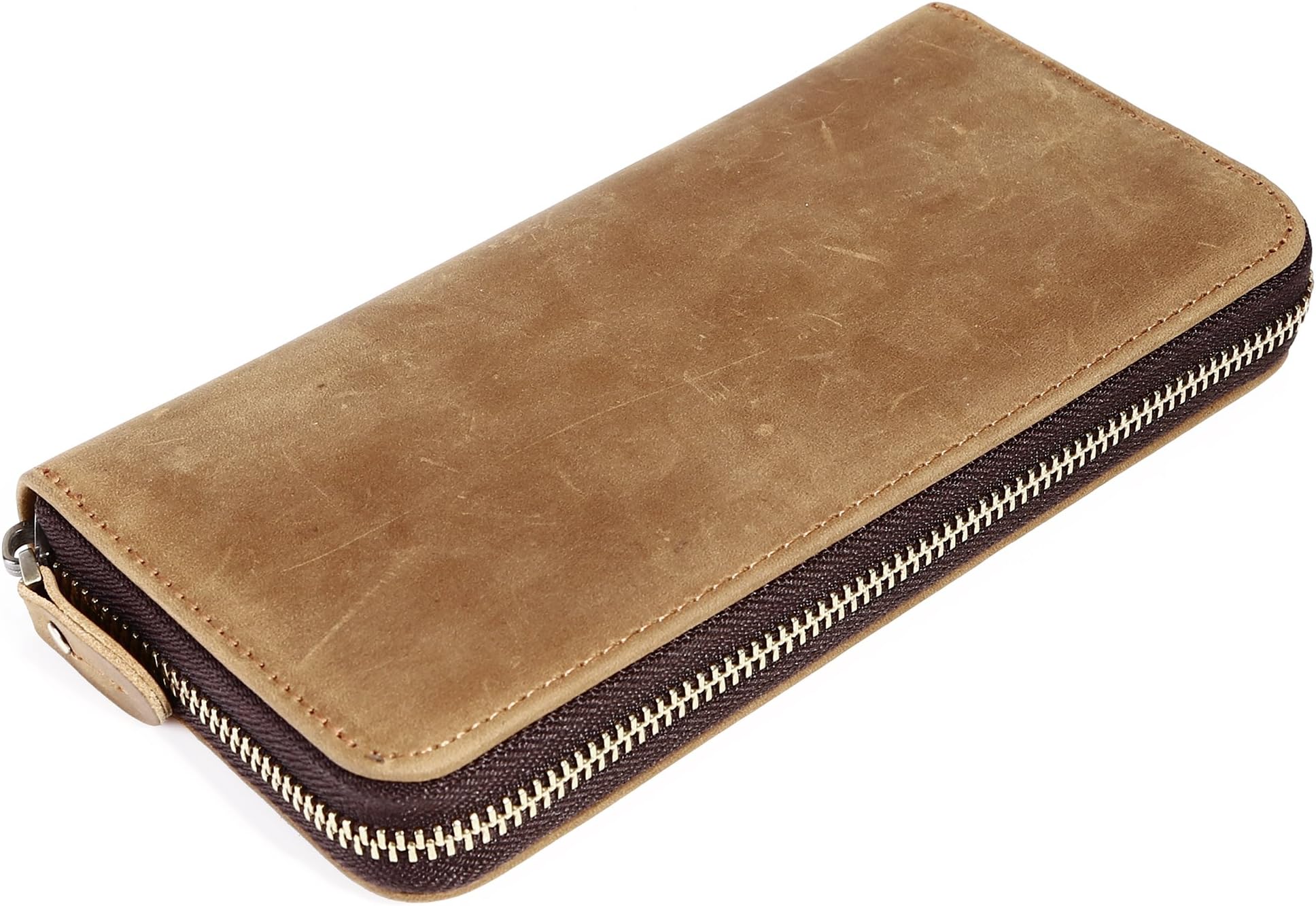Mens Genuine Leather Long Wallet with Zipper RFID Blocking Vintage Bifold