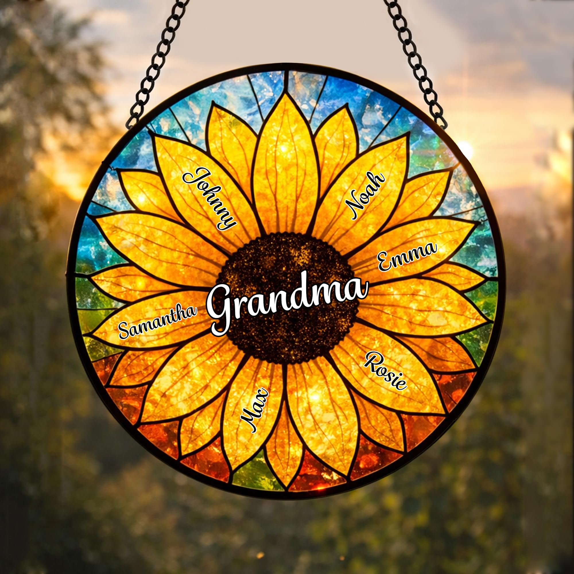 Personalized Grandma Stained Glass Sunlight Catcher with Kids Names Grandma Garden Flowers Light Catcher Custom Gifts for Grandmas