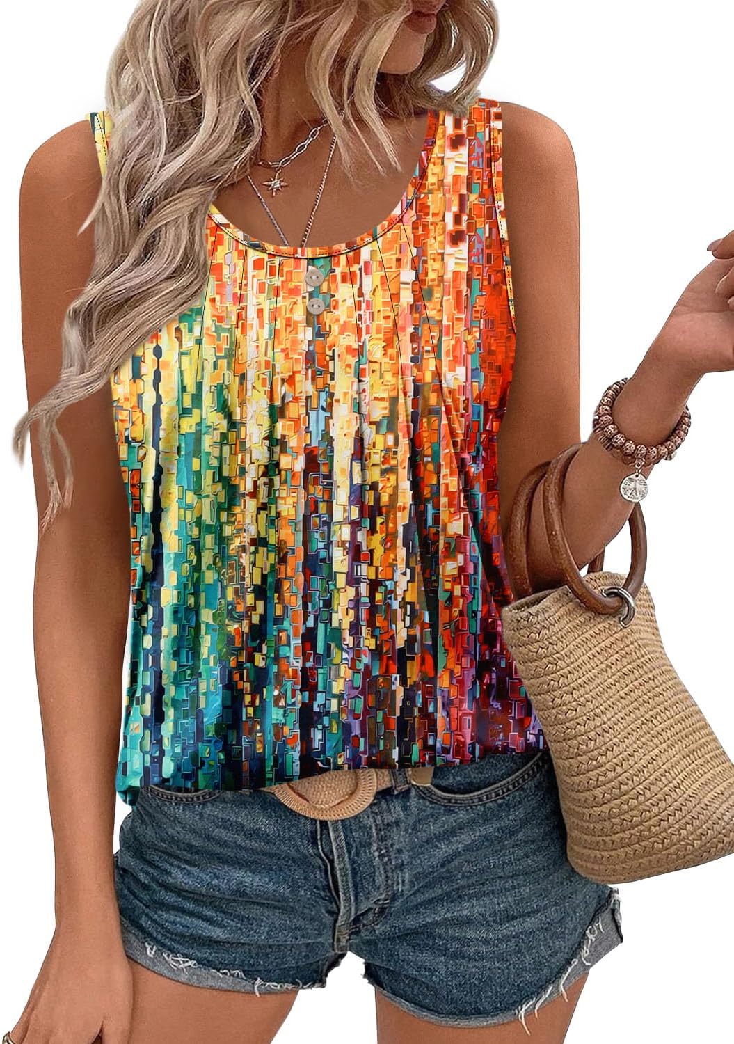 onlypuff Womens Tank Tops Sleeveless Pleated Crew Neck Shirts Dressy Casual Work Cami Blouse - Image 3