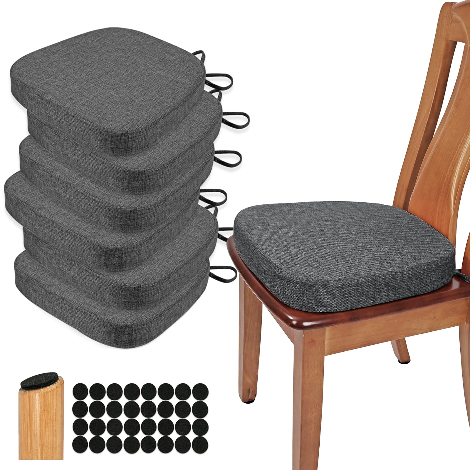 BUYUE Original Linen Thickened 2.5" Dining Chair Cushions Set of 6, U-Shape High Density Foam Comfortable Chair Pads for Kitchen, Slip Resistant Indoor Seat Cushions (6 PCS, Dark Gray)