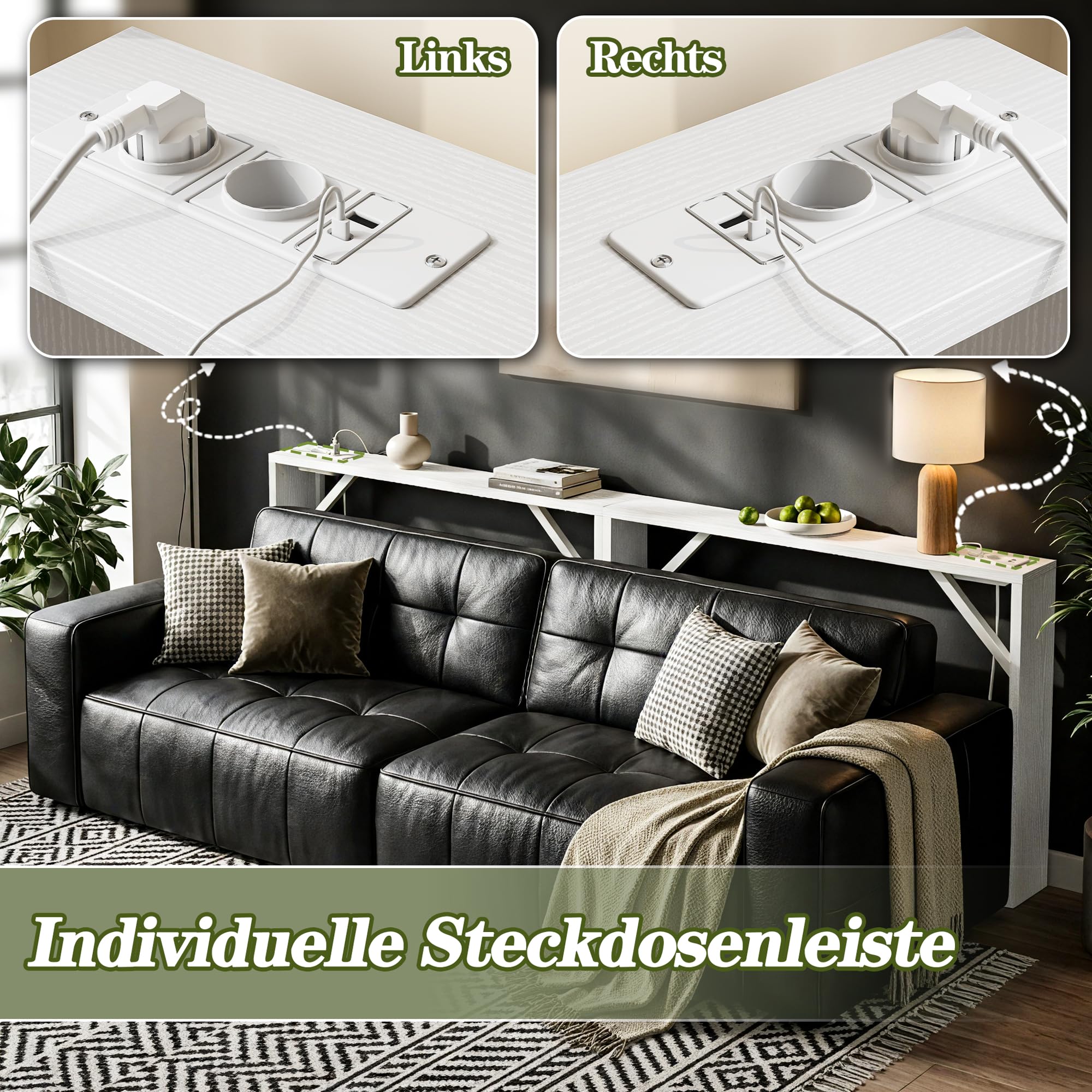 BEXEVUE Konsolentisch Schmal 2er Set, Eingangstisch mit Ladestation, 15 x 200 x 80 cm, Konsolentisch Holz, Beistelltisch, Flurtisch für Wohnzimmer, Flur, Weiß