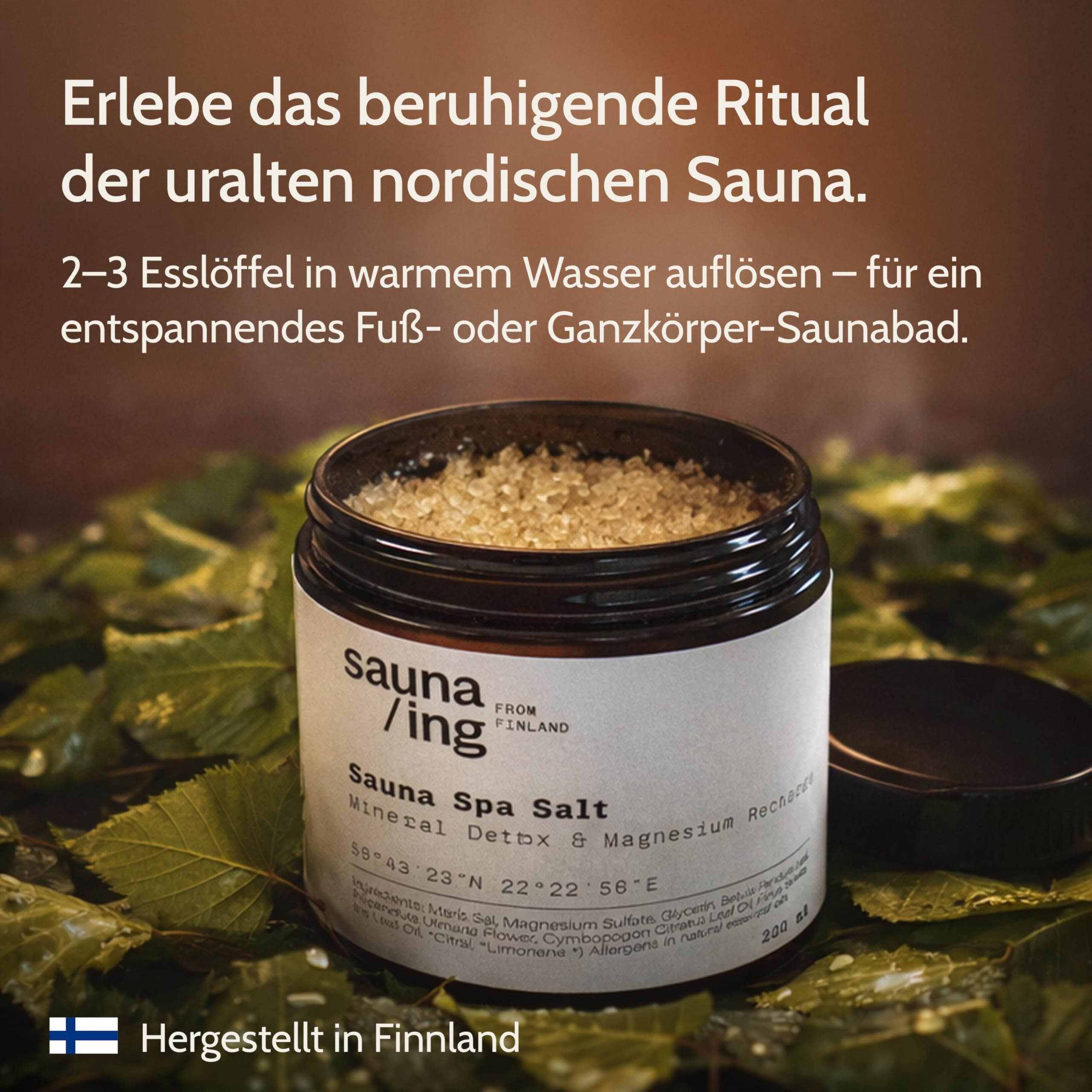 Sauna Salz Birke & Zitronengras 200 g – Magnesium Bade- & Fußsalz für Sauna & Zuhause – Finnisches Sauna-Ritual – Hergestellt in Finnland