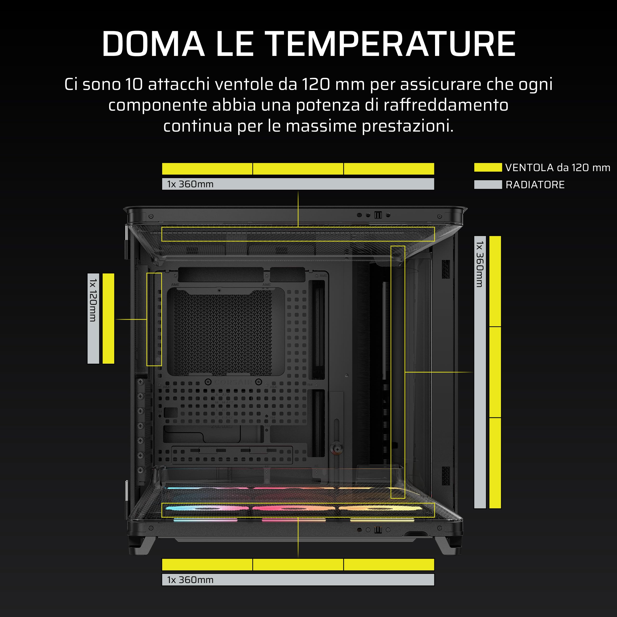 CORSAIR AIR 5400 LX-R RGB iCUE LINK Case PC Panoramico Mid-Tower – Nero | A Tripla Camera, 3 Ventole LX-R RGB Rotazione Inversa, Condotti Silenziosi ad Alto Flusso, Supporto Scheda Madre Inverso